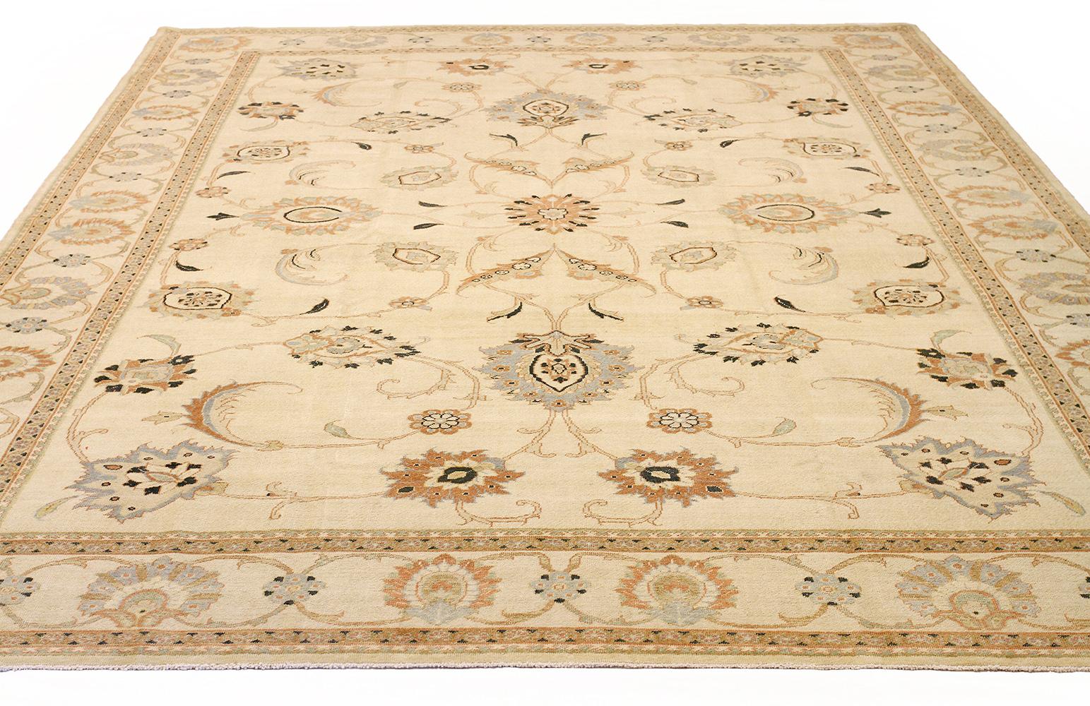 New handmade Persian area rug from high-quality sheep’s wool and colored with eco-friendly vegetable dyes that are proven safe for humans and pets alike. It’s a traditional Sultanabad design showcasing a regal ivory field with prominent Herati