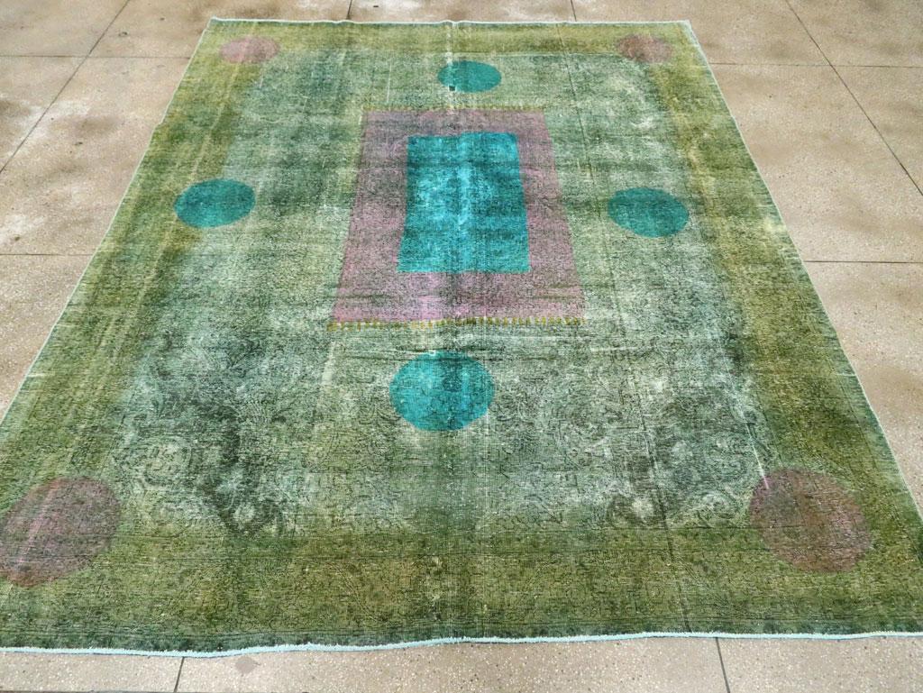 Contemporary Persian Tabriz Distressed and Overdyed Room Size Carpet In Good Condition For Sale In New York, NY