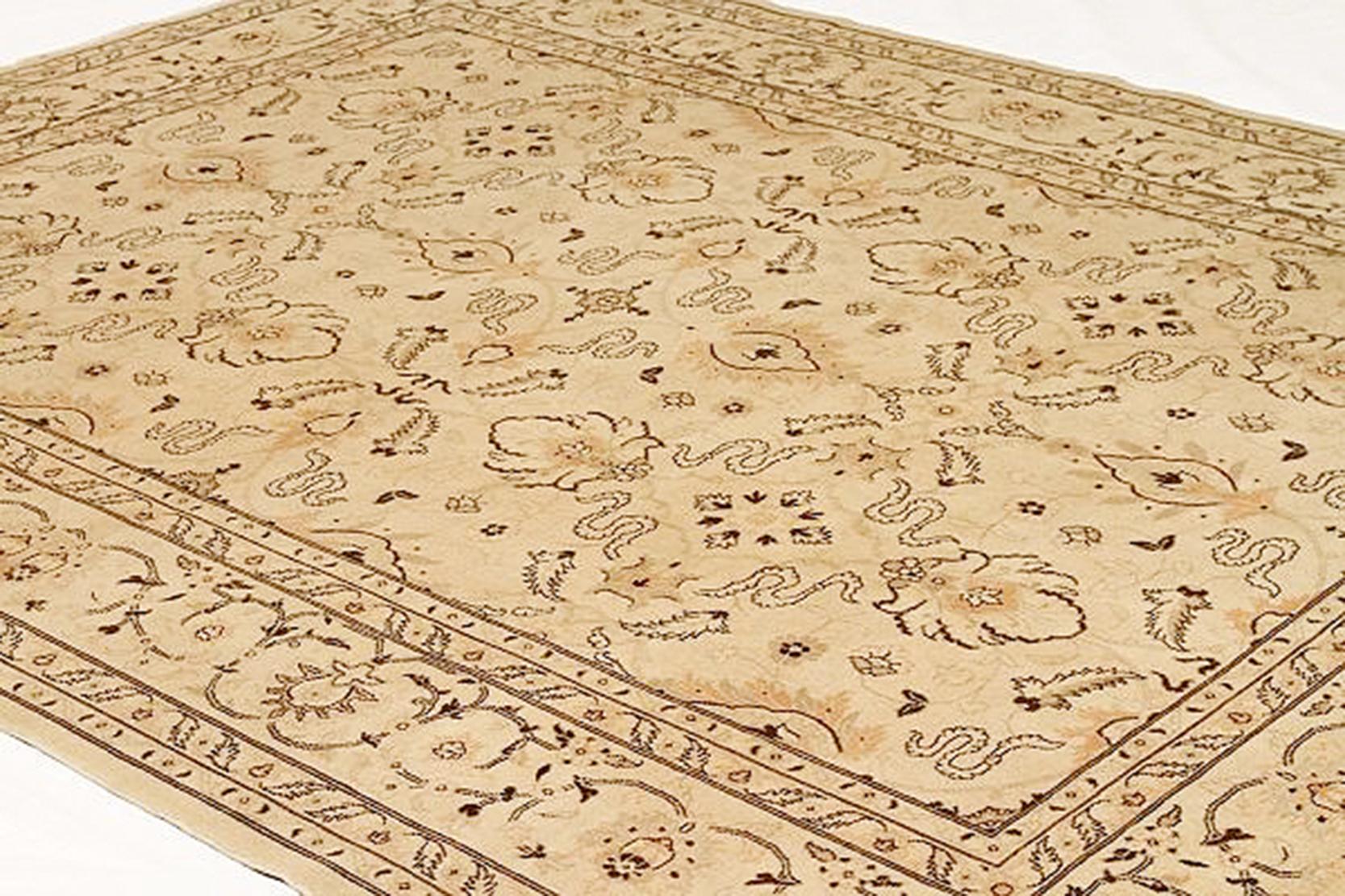 Hand-Woven Contemporary Persian Tabriz Rug with Beige & Brown Flower Motifs on Ivory Field For Sale