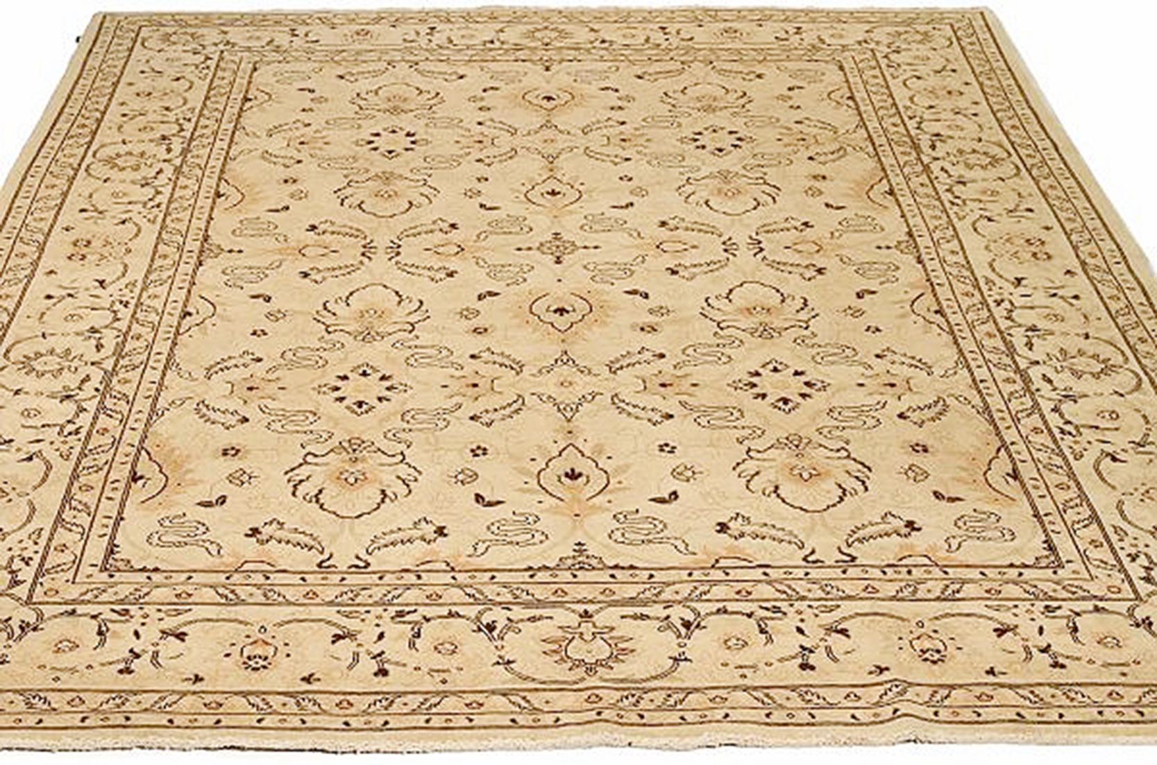 Contemporary Persian Tabriz Rug with Beige & Brown Flower Motifs on Ivory Field In Excellent Condition For Sale In Dallas, TX