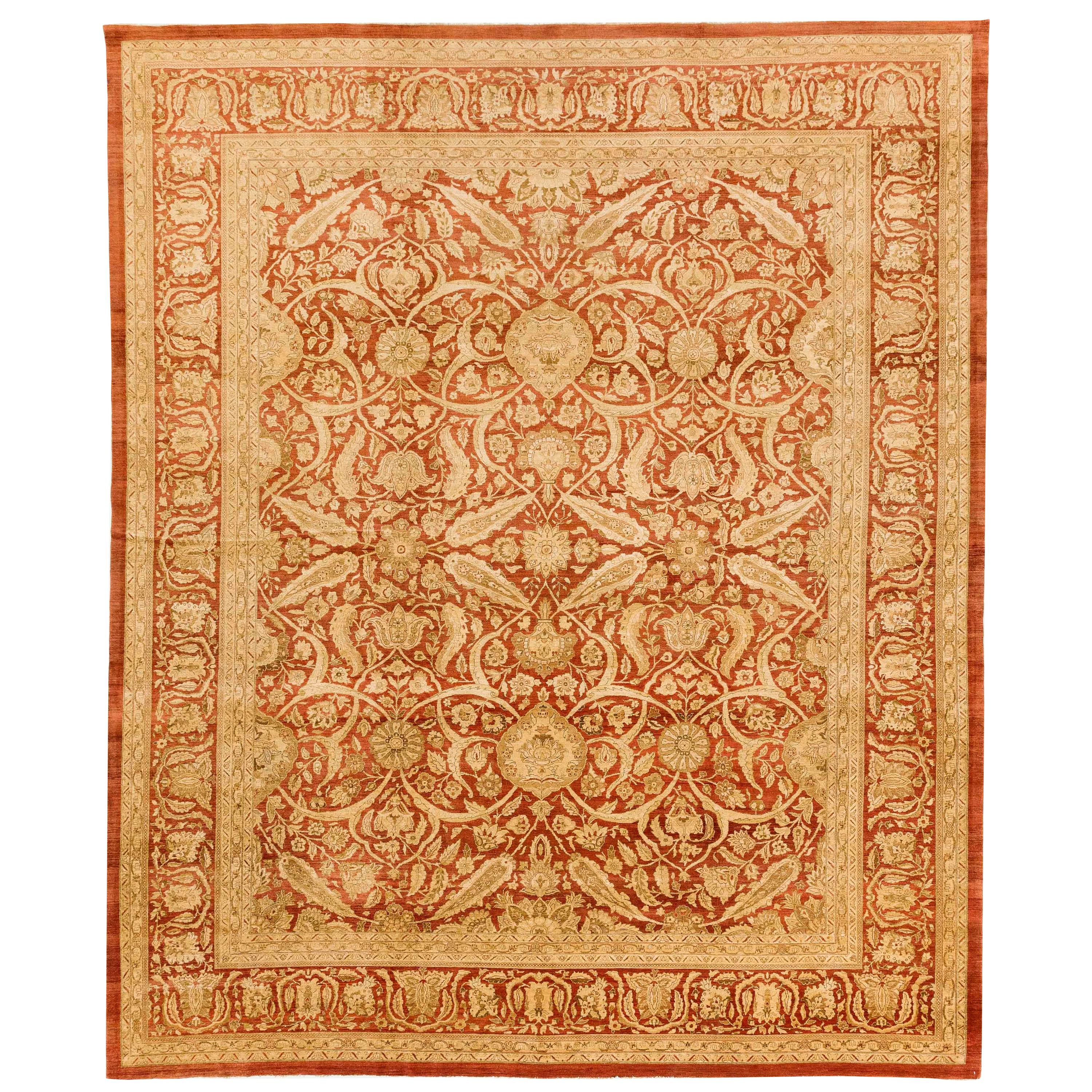 Contemporary Persian Tabriz Rug with Beige and Ivory Flower Motifs on Red Field