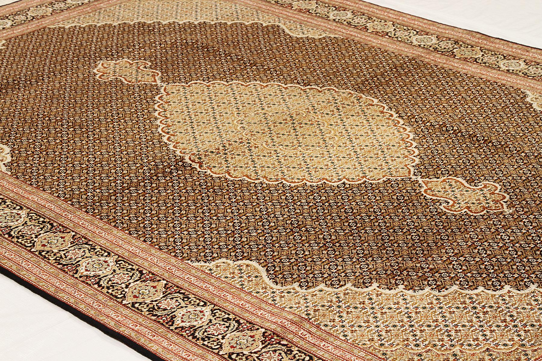 Hand-Woven Contemporary Persian Tabriz Rug with White & Brown Flower Motifs on Black Field For Sale