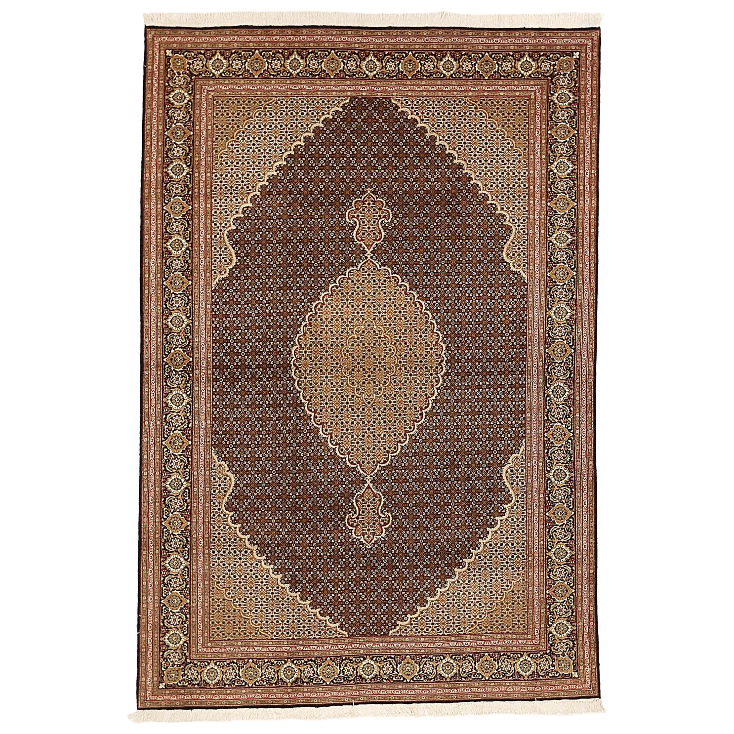 Contemporary Persian Tabriz Rug with White & Brown Flower Motifs on Black Field For Sale