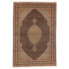 Contemporary Persian Tabriz Rug with White & Brown Flower Motifs on Black Field
