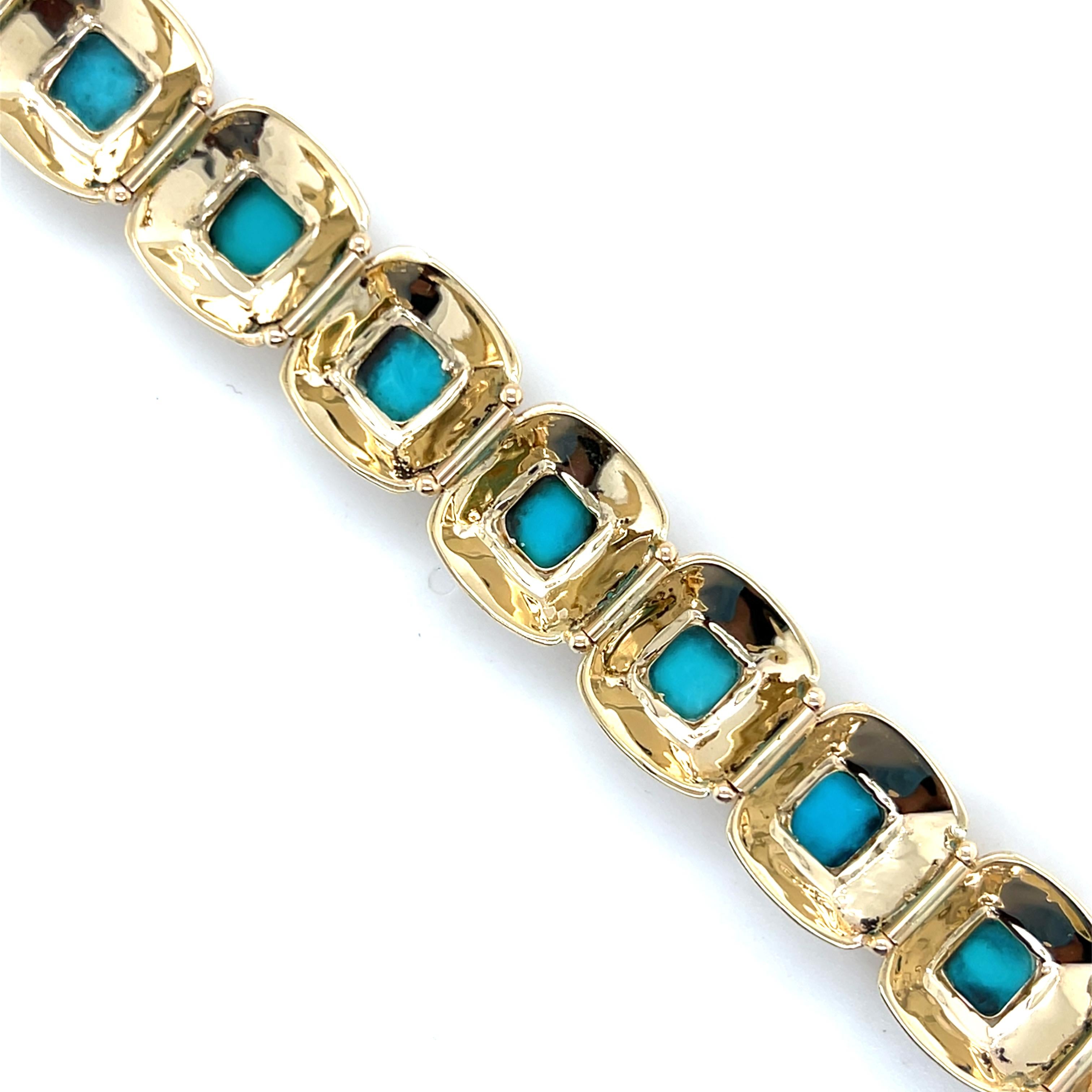 Bracelet contemporain à maillons en or jaune et turquoise de Perse 1980 en vente 4
