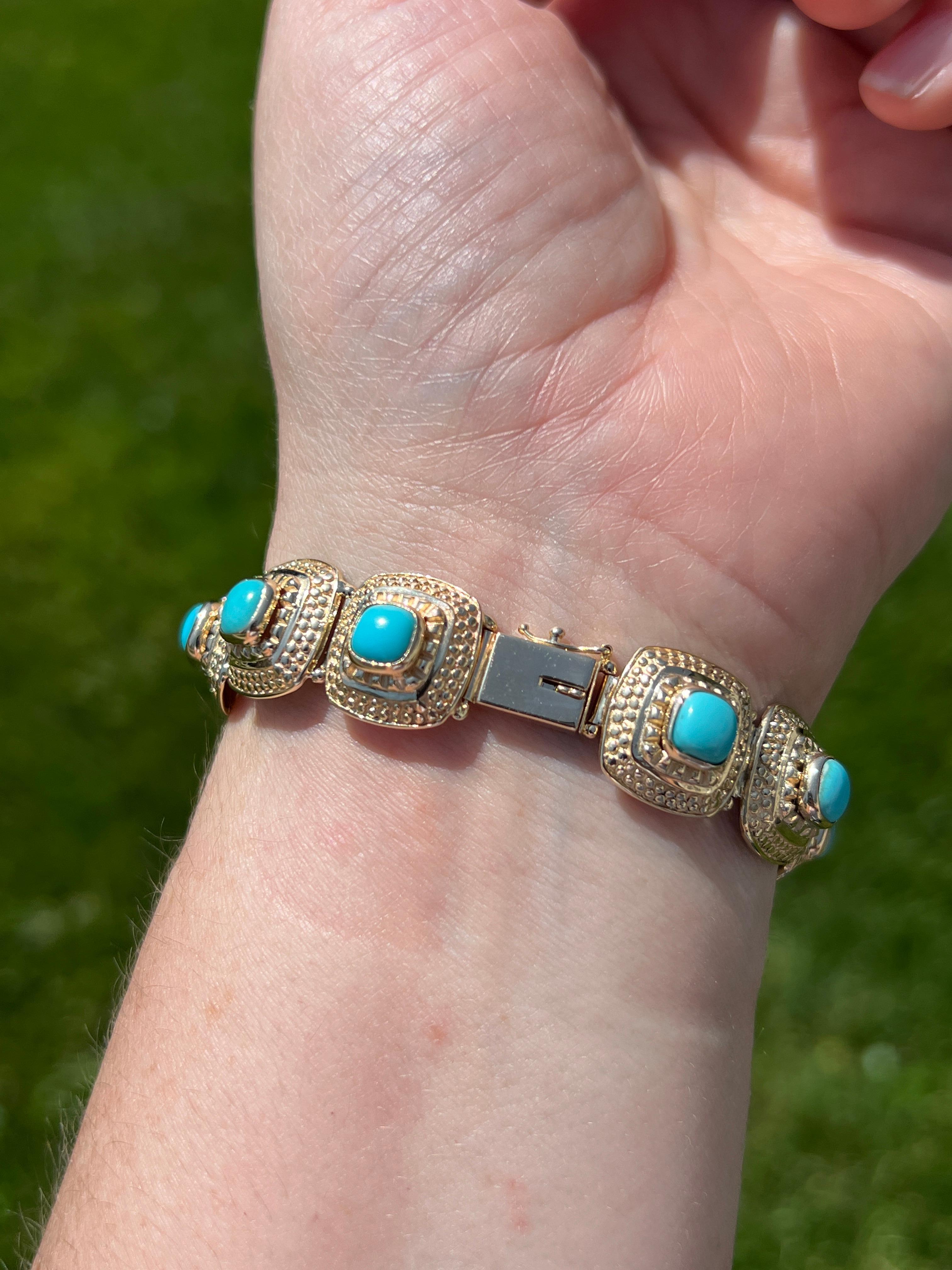 Bracelet contemporain à maillons en or jaune et turquoise de Perse 1980 en vente 6