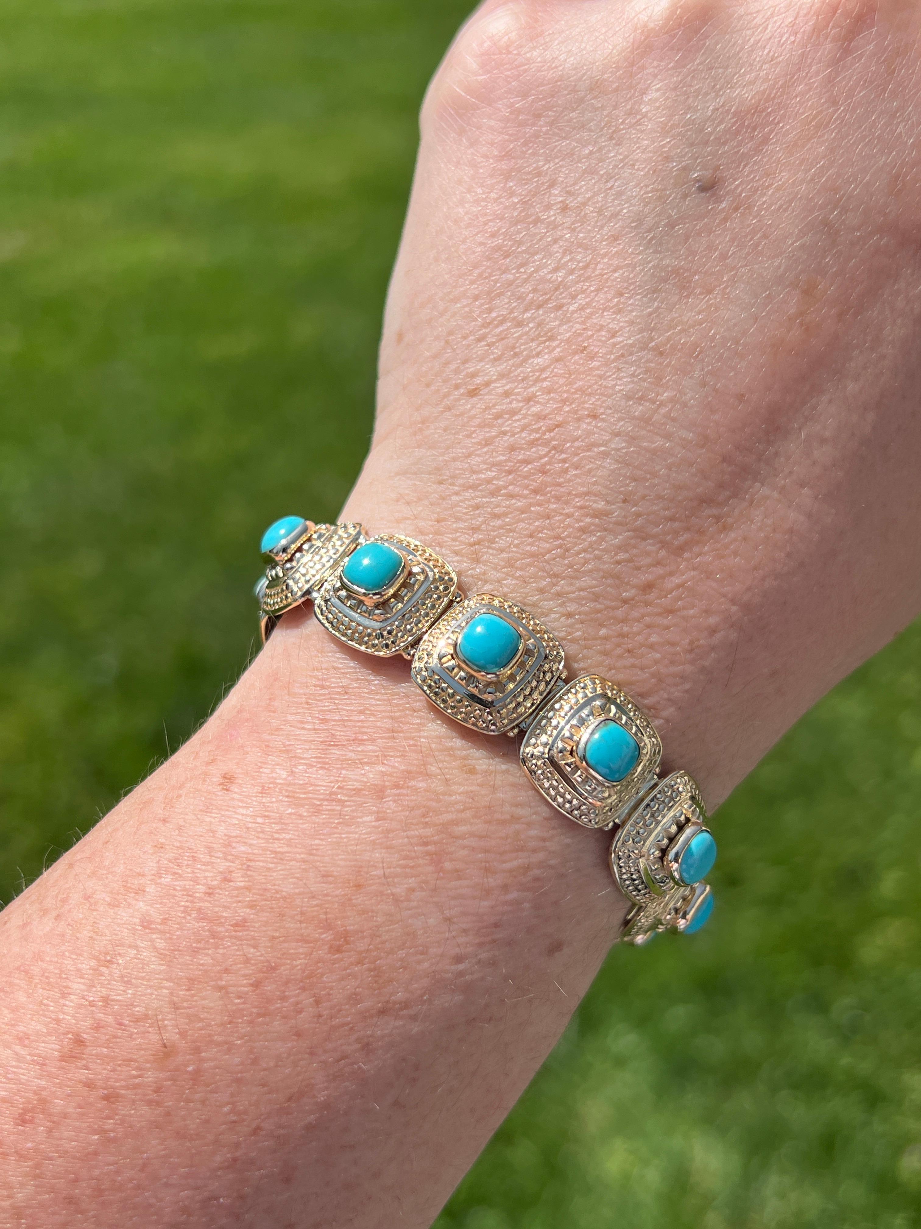 Contemporain Bracelet contemporain à maillons en or jaune et turquoise de Perse 1980 en vente