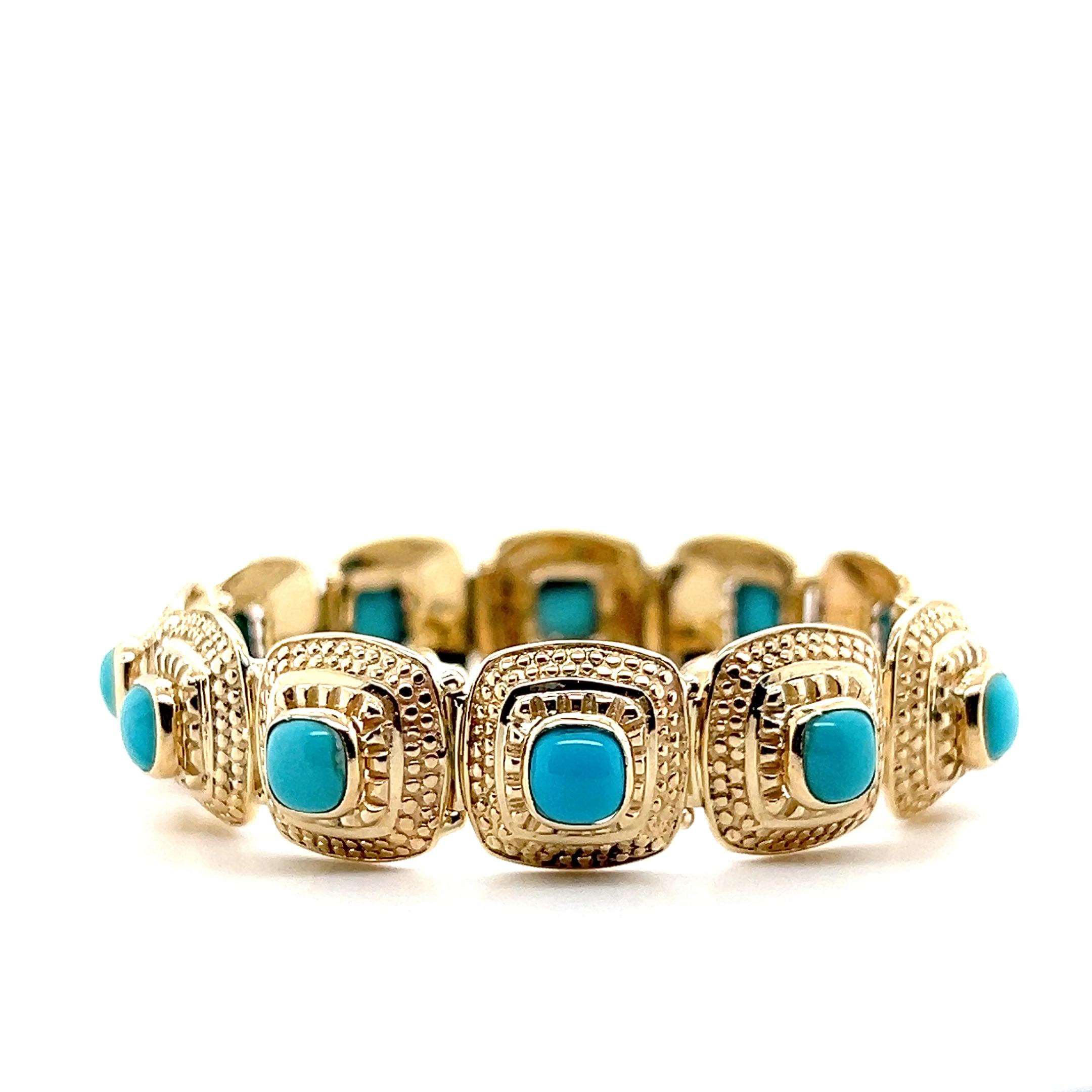 Taille cabochon Bracelet contemporain à maillons en or jaune et turquoise de Perse 1980 en vente