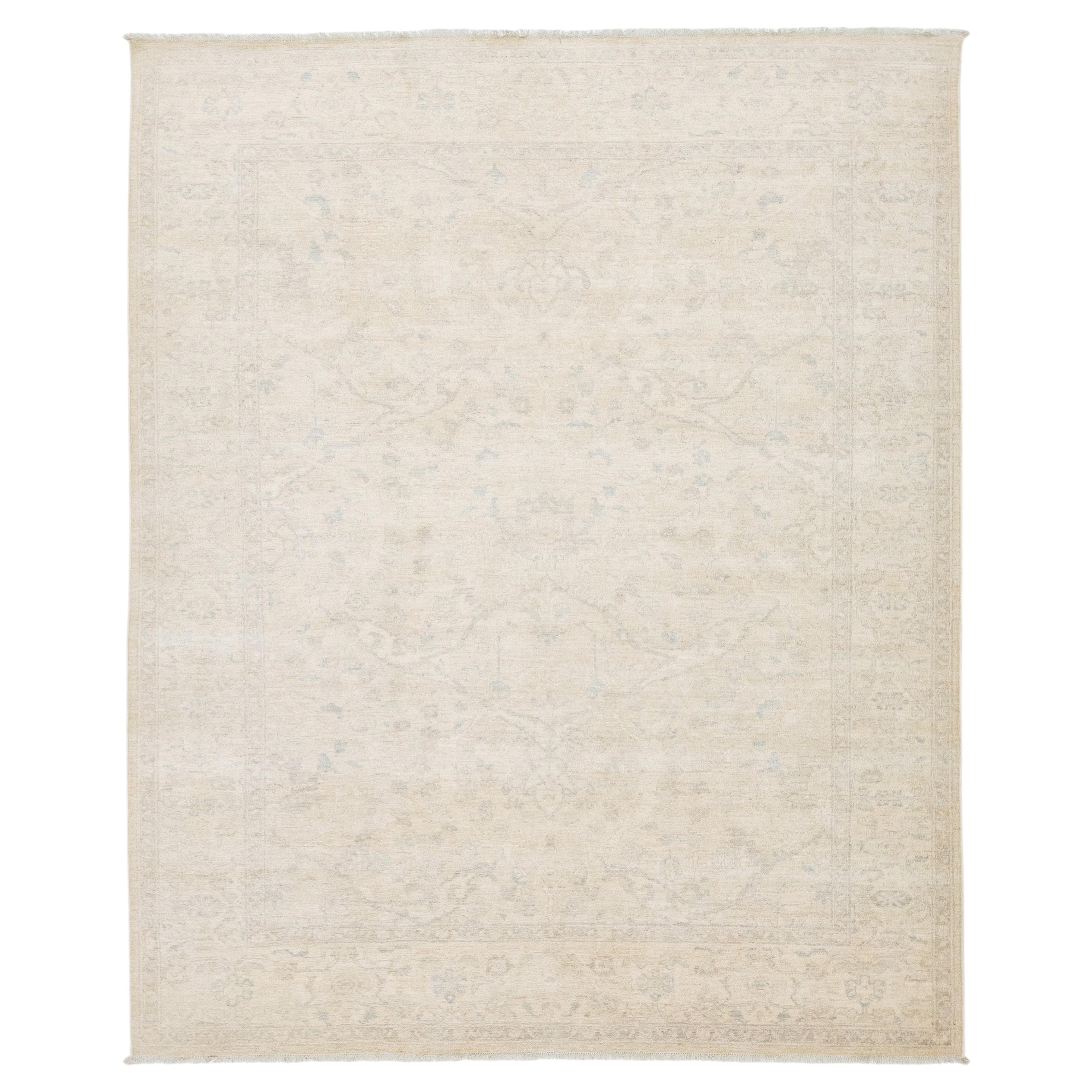 Contemporary Oushak Style Wool Rug in Muted Ivory, Sand, and Soft Slate Blue