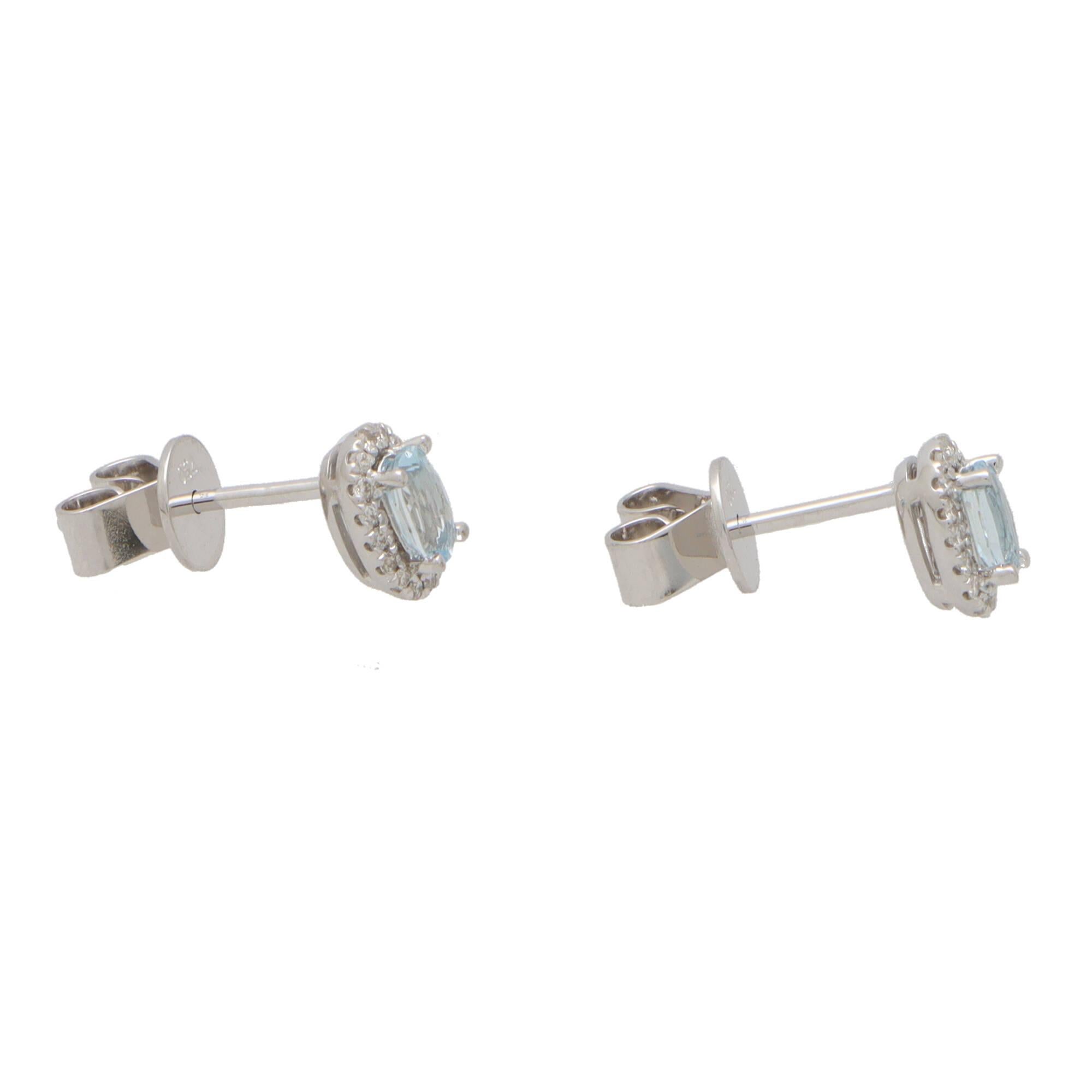 Modern Contemporary Petite Aquamarine and Diamond Halo Stud Earrings in 18k White Gold