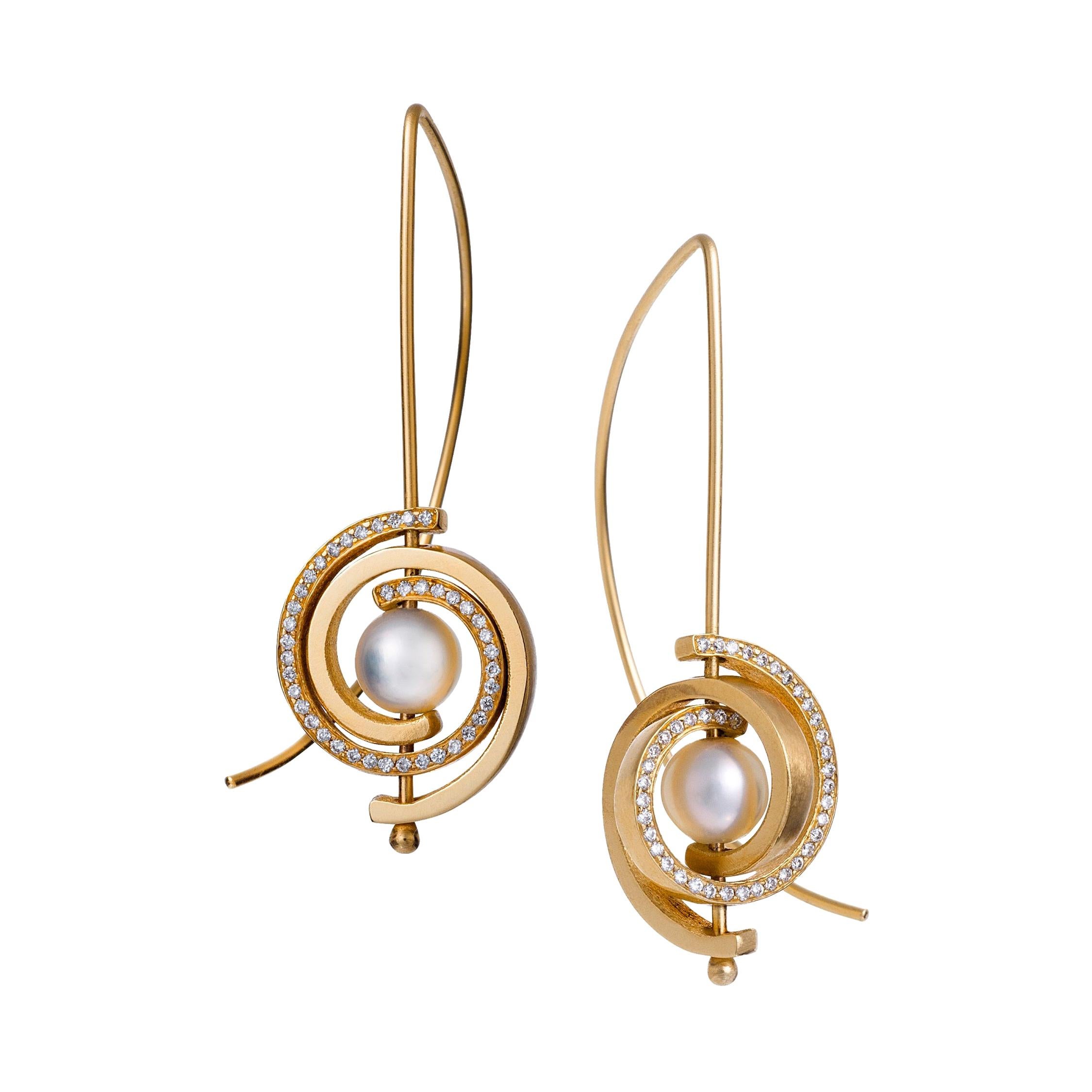 Contemporary Petite Dangle Earrings in 14k Gold with Akoya Pearl and Diamonds