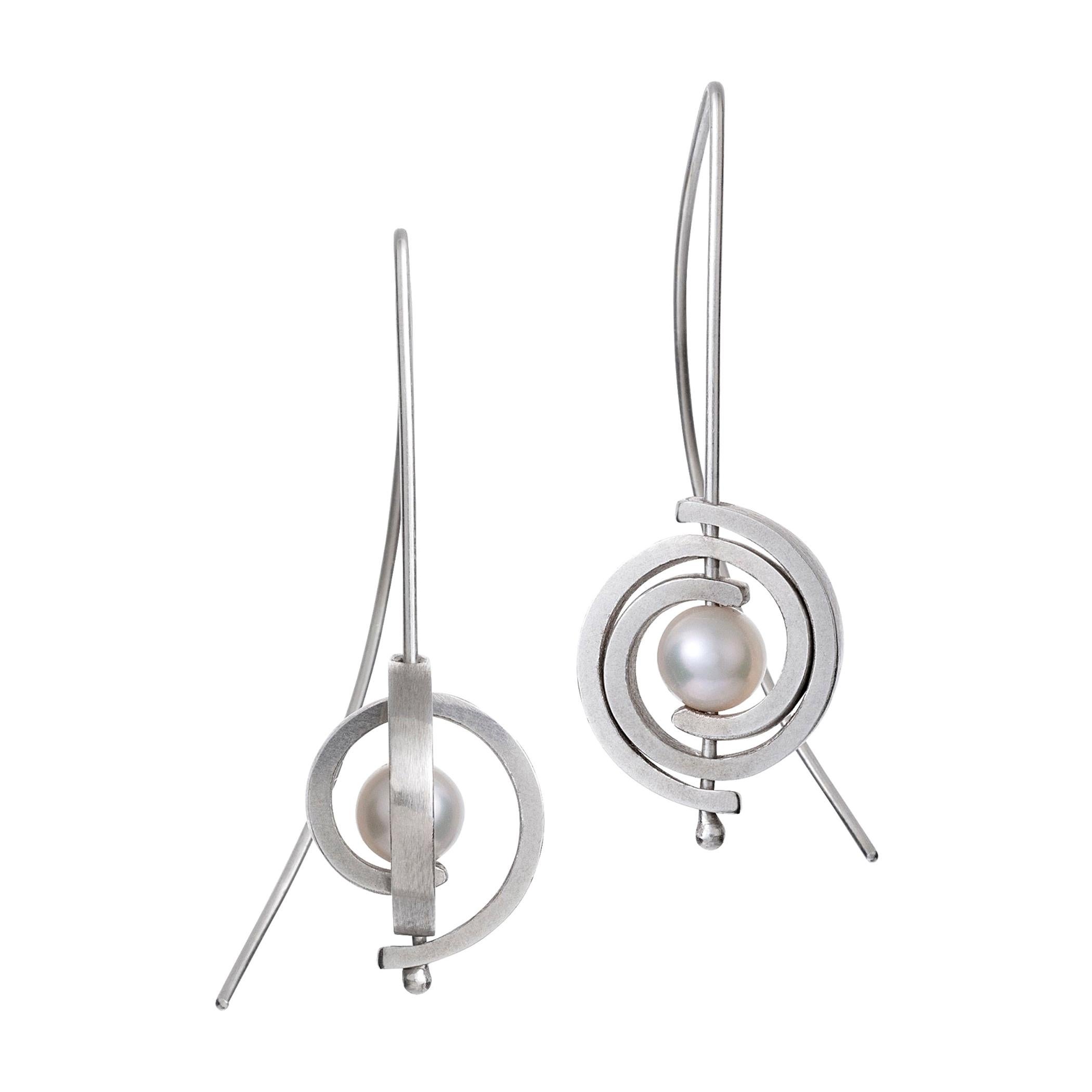 Contemporary Petite Dangle Pearl Earrings in Sterling Silver For Sale