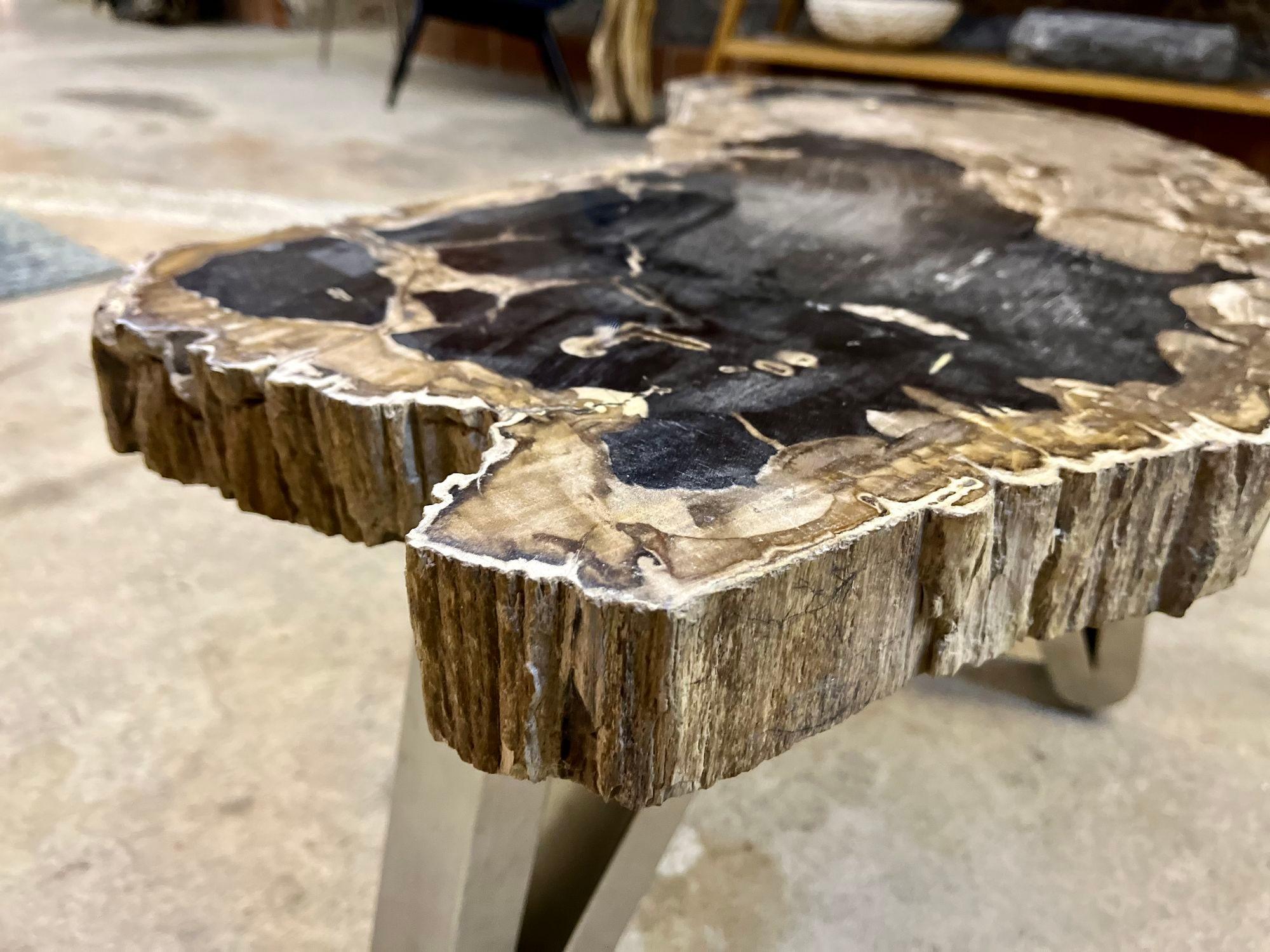 Table basse contemporaine en bois pétrifié avec pieds en acier inoxydable, 2023 en vente 5