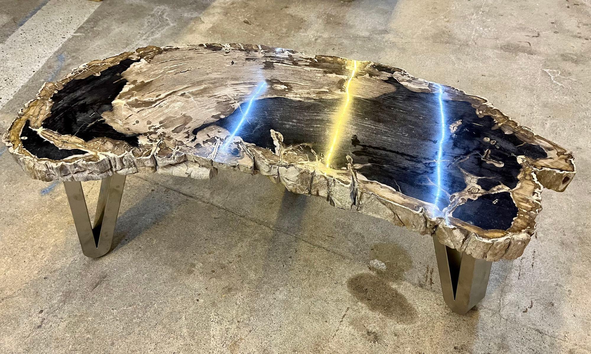 Extraordinary, contemporary petrified wood coffee table on stainless steel feet. An amazing shaped, organic modern side table/ coffee table which polished topplate consists of rare, high quality petrified wood, showing a black/ gray/ brown surface