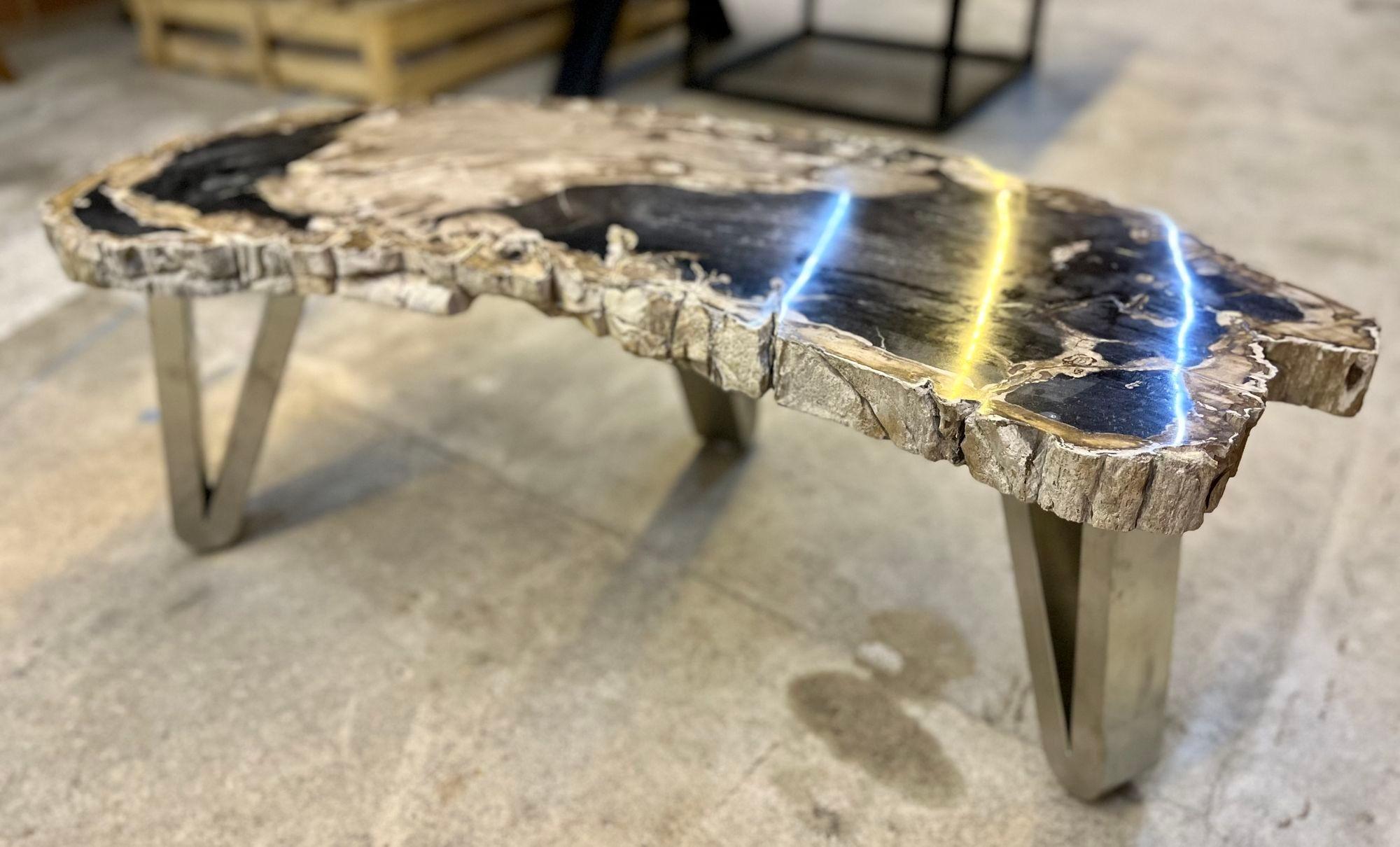 Table basse contemporaine en bois pétrifié avec pieds en acier inoxydable, 2023 Neuf - En vente à Lichtenberg, AT