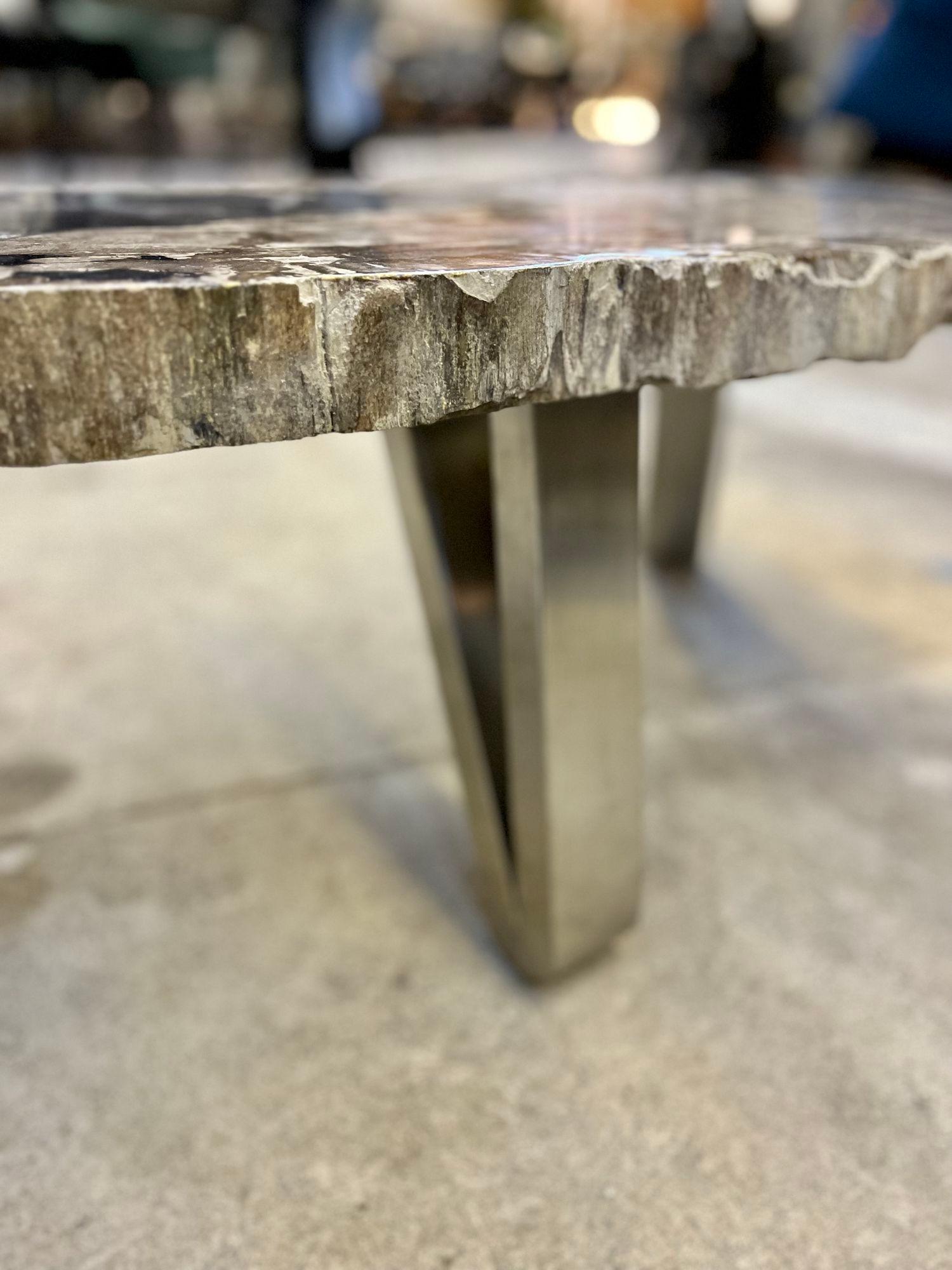 Acier inoxydable Table basse contemporaine en bois pétrifié avec pieds en acier inoxydable, 2023 en vente