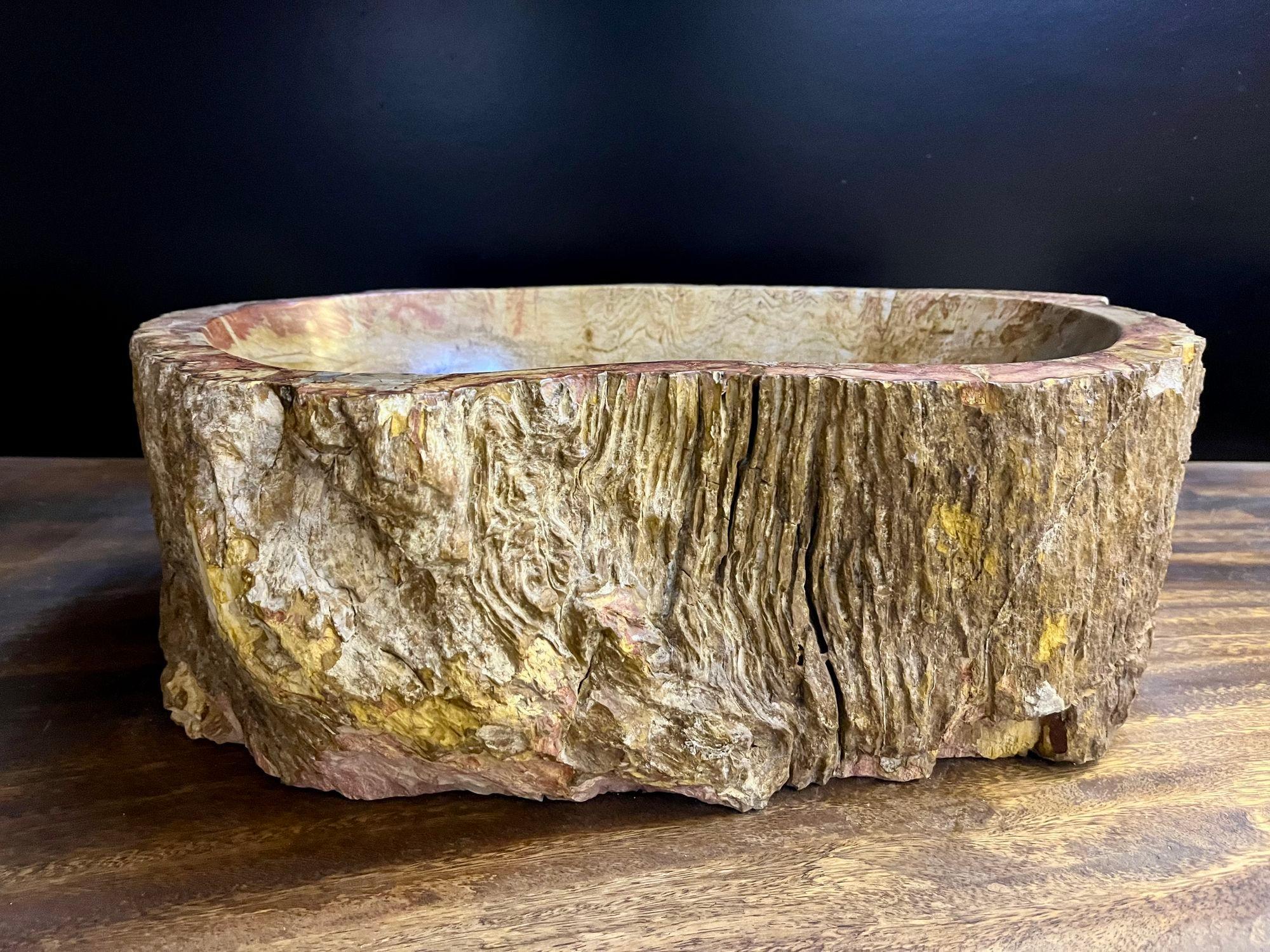 One of a kind petrified wood sink from highest quality in amazing creme, brown and pink tones. This exceptional looking sink impresses with its beautiful shape, polished basin and the rough, organic look on the outside. The perfect addition for a