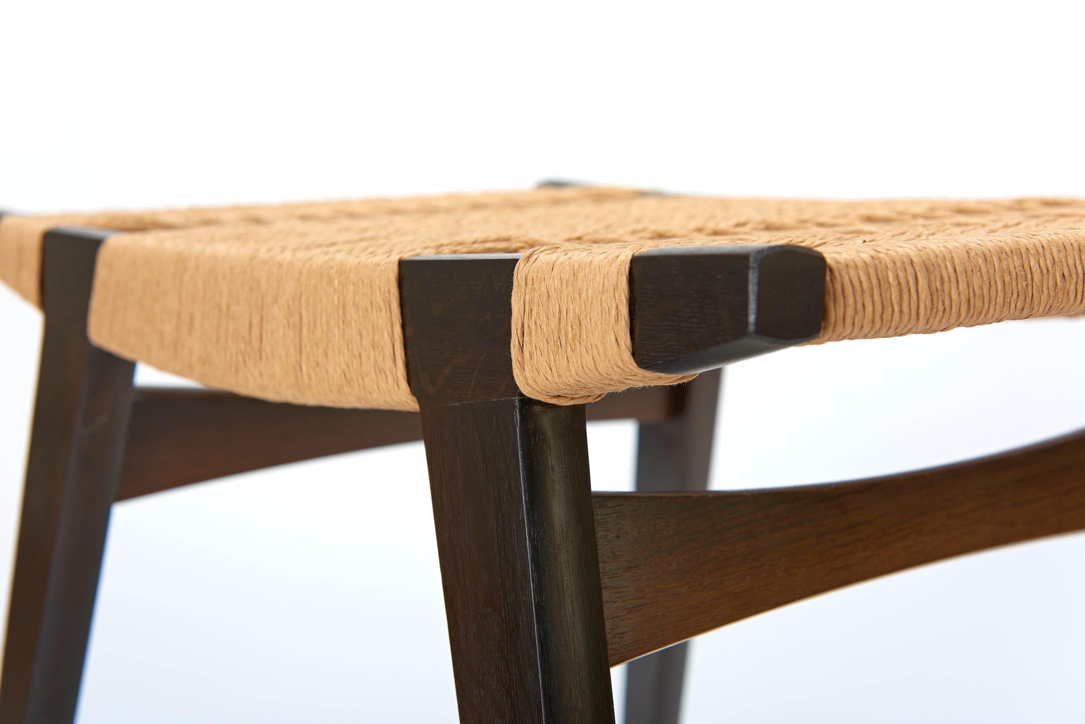 British Contemporary pi Stool, Ebonised Oak Frame, Natural Danish Cord Seat For Sale