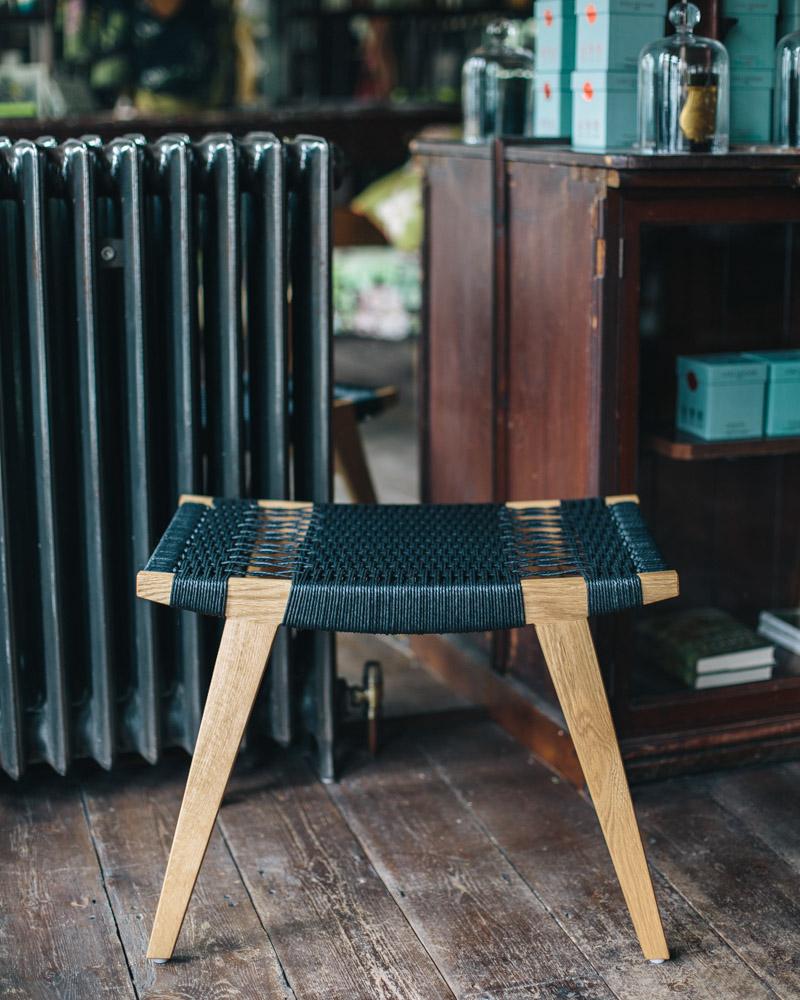 Scandinavian Modern Contemporary pi Stool, Natural Oak Frame, Black Danish Cord Seat For Sale