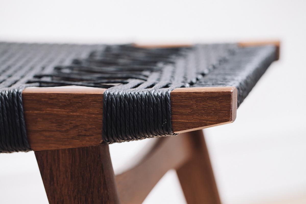 Scandinavian Modern Contemporary pi Stool, Fumed Oak Frame, Black Danish Cord Seat For Sale