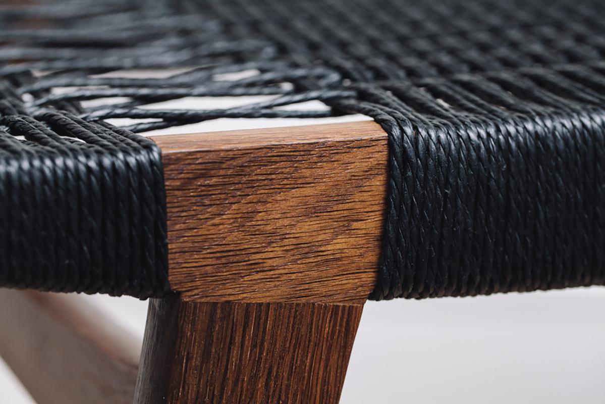 British Contemporary pi Stool, Fumed Oak Frame, Black Danish Cord Seat For Sale