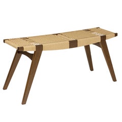 Taburete contemporáneo pi3, estructura de roble fumé, asiento de cuerda danesa