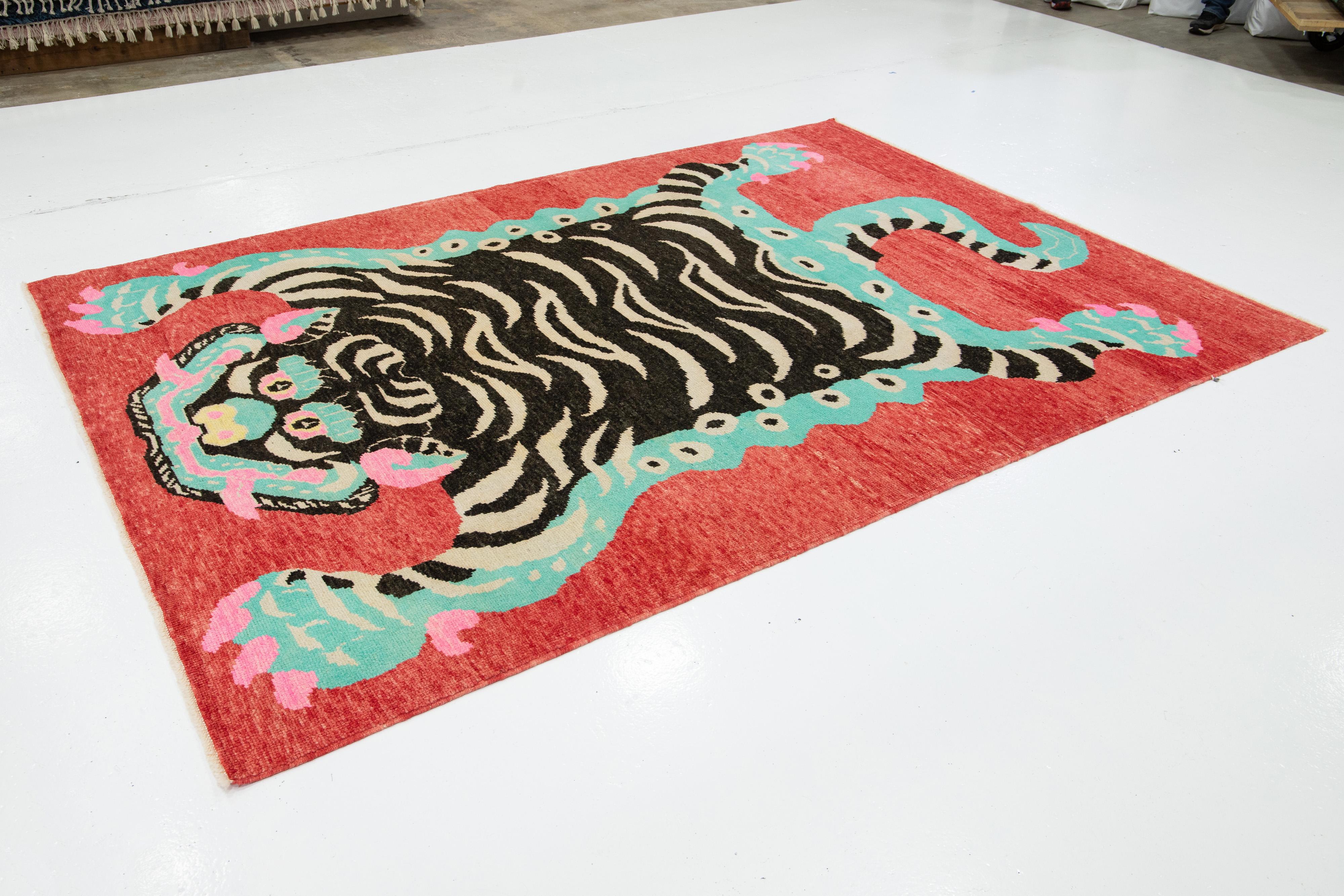 Hand-Knotted Contemporary Pictorial Designed Handmade Wool Rug In Red For Sale