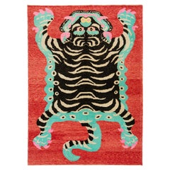 Contemporary Pictorial Designed Handmade Wool Rug In Red