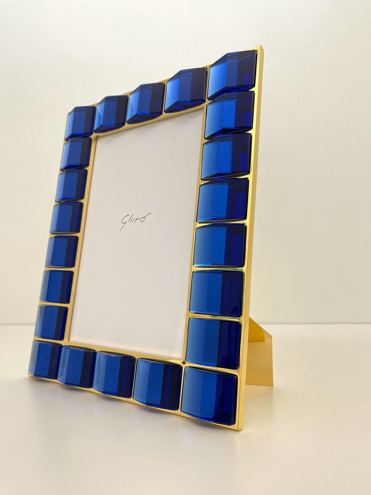 Italian Contemporary Photo Frame in 24kt Gold plated Brass and Handmade Blue Crystal For Sale