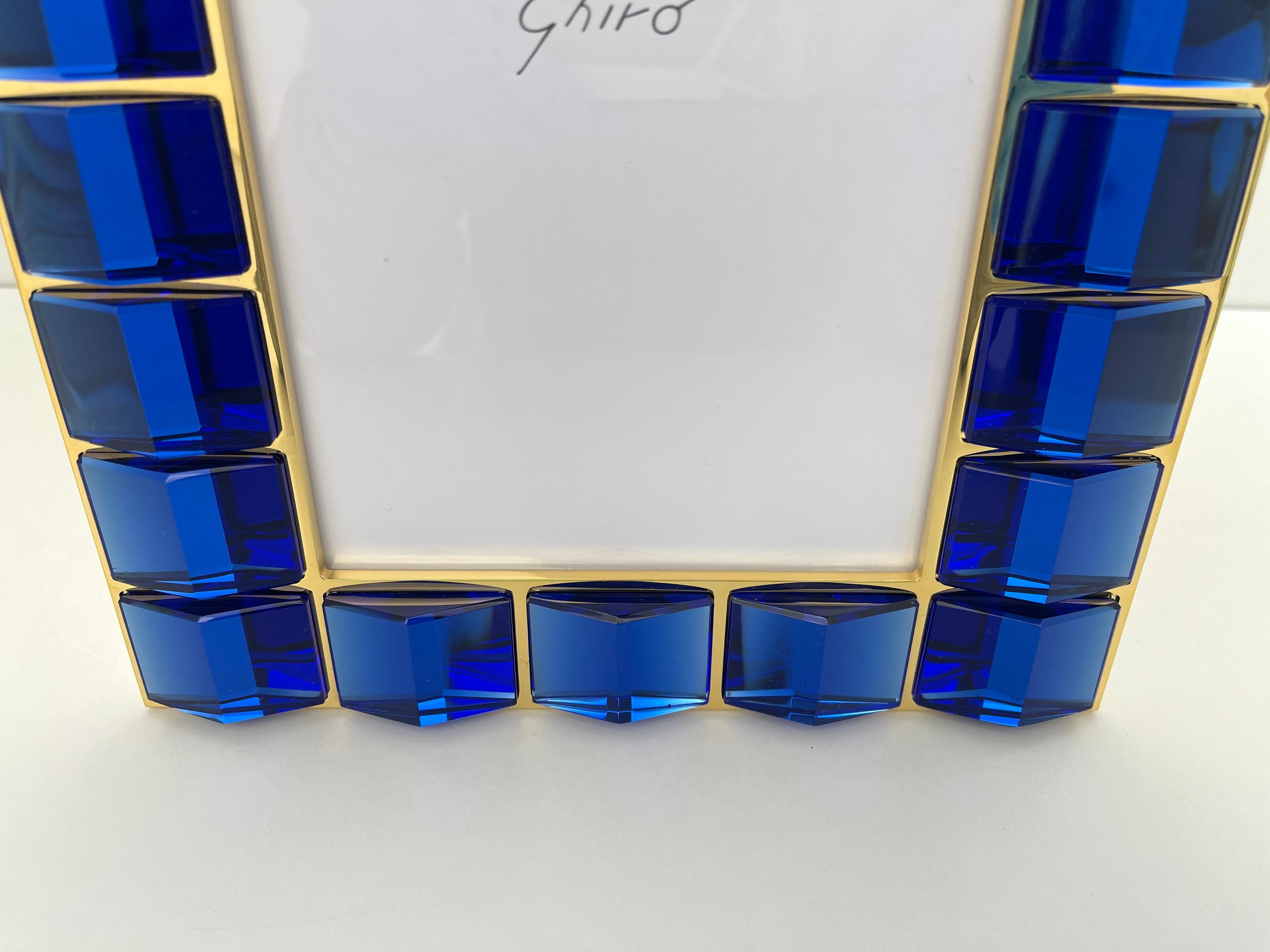Hand-Crafted Contemporary Photo Frame in 24kt Gold plated Brass and Handmade Blue Crystal For Sale