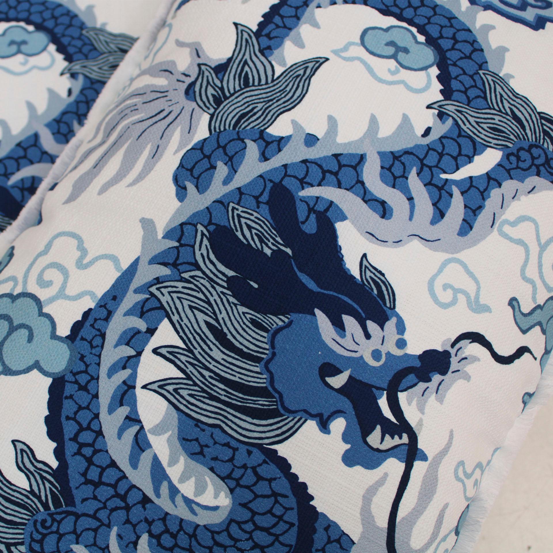 European Contemporary Pillow Pair in Cotton and Blue Dragon Print For Sale