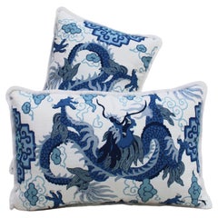 Contemporary Pillow Pair in Cotton and Blue Dragon Print