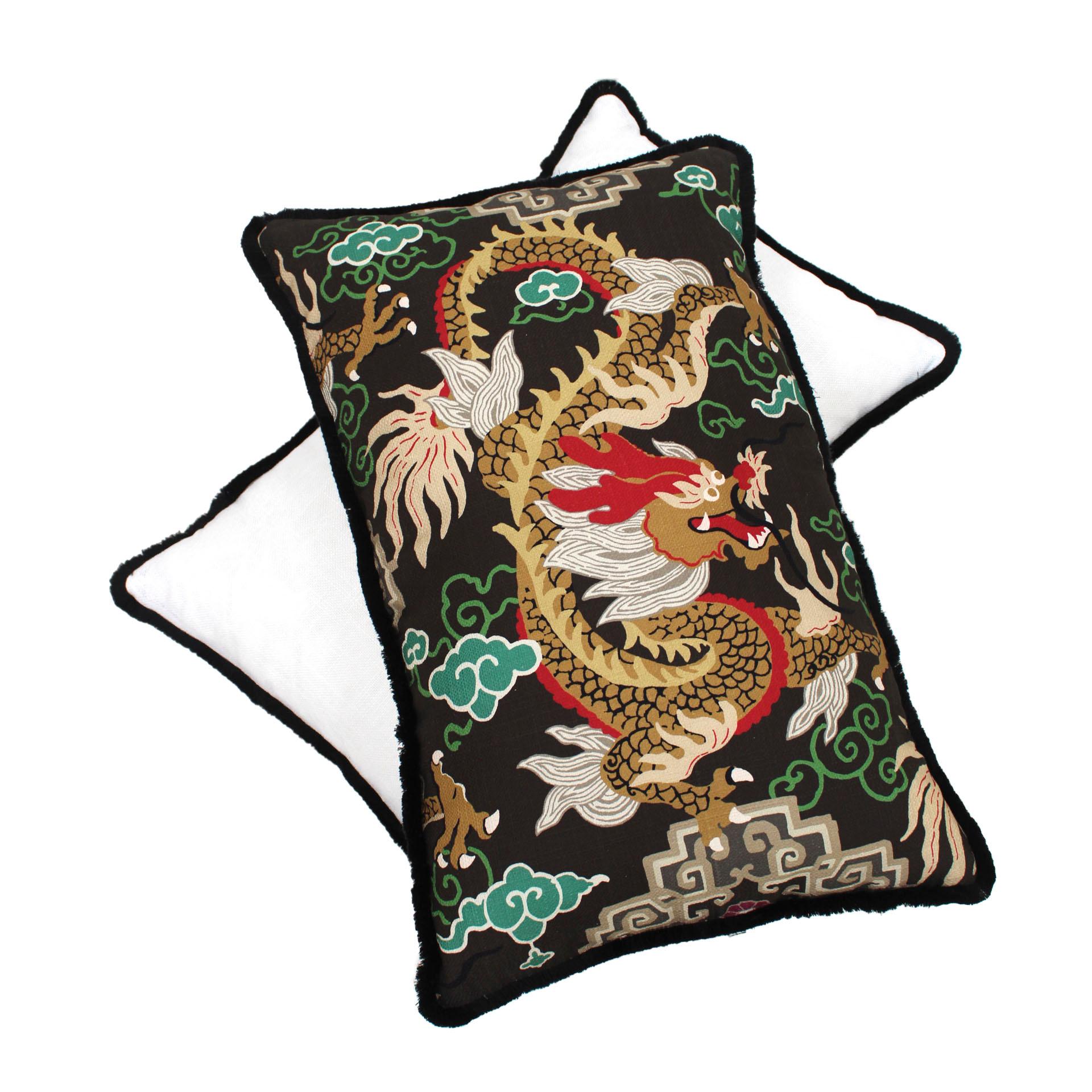 Dragon printed cushions made in cotton fabric, dark tones. Finished with fringes and a zip at the back.

Every item LA Studio offers is checked by our team of 10 craftsmen in our in-house workshop. Special restoration or reupholstery requests can be