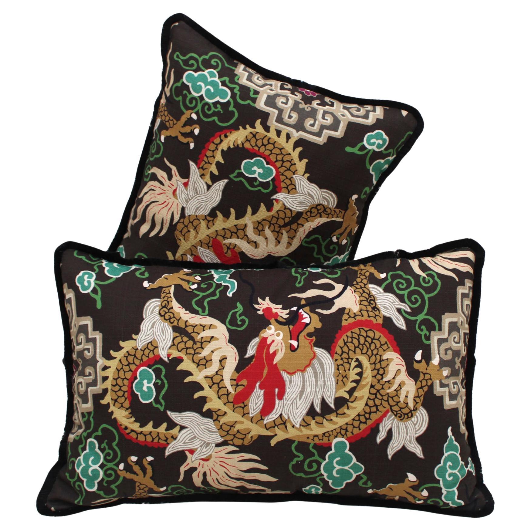 Contemporary Pillow Pair in Cotton and Dragon Print For Sale