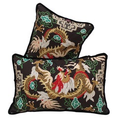 Contemporary Pillow Pair in Cotton and Dragon Print