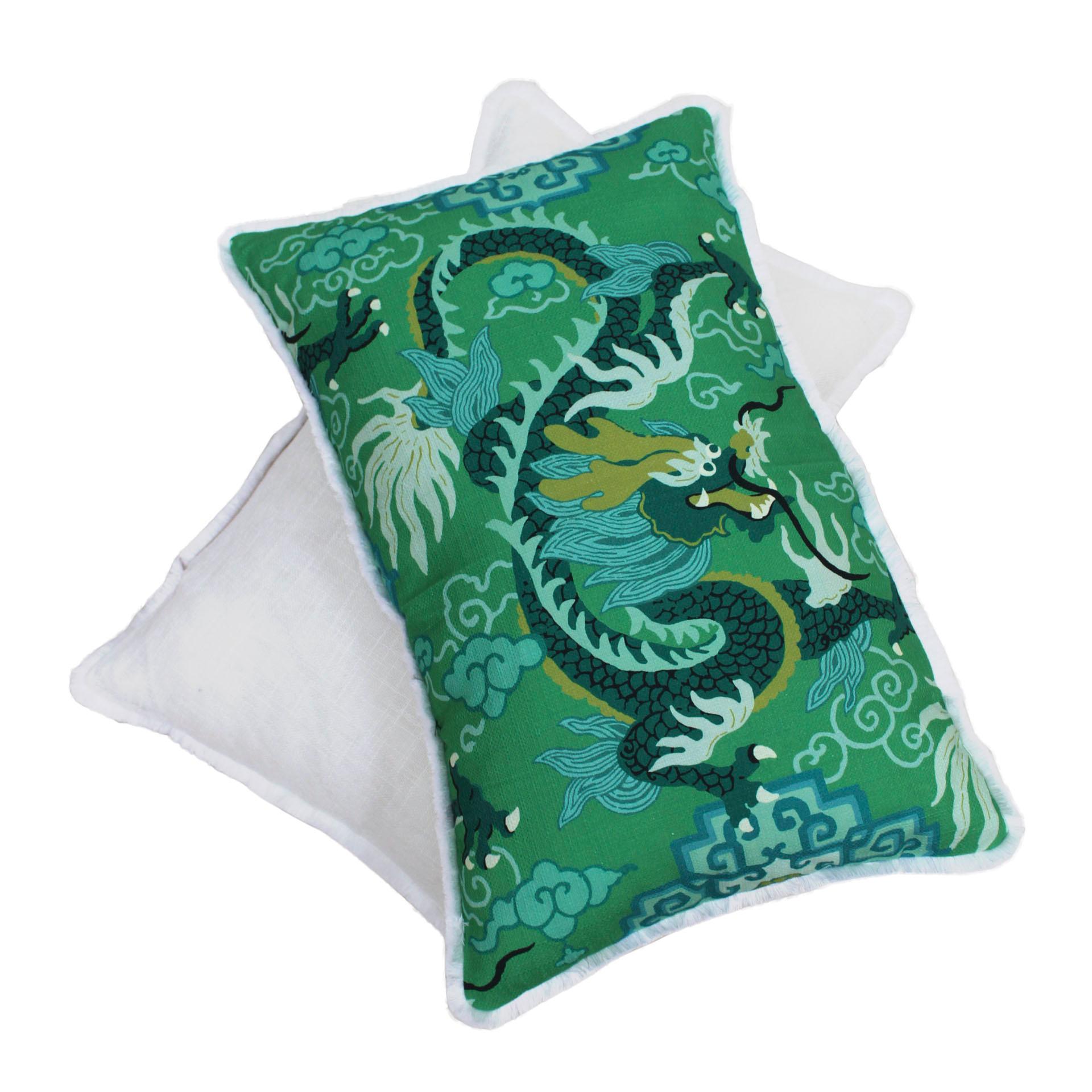 Dragon printed cushions made of cotton fabric, green tones. Finished with fringes and zip at the back. 

Every item LA Studio offers is checked by our team of 10 craftsmen in our in-house workshop. Special restoration or reupholstery requests can be