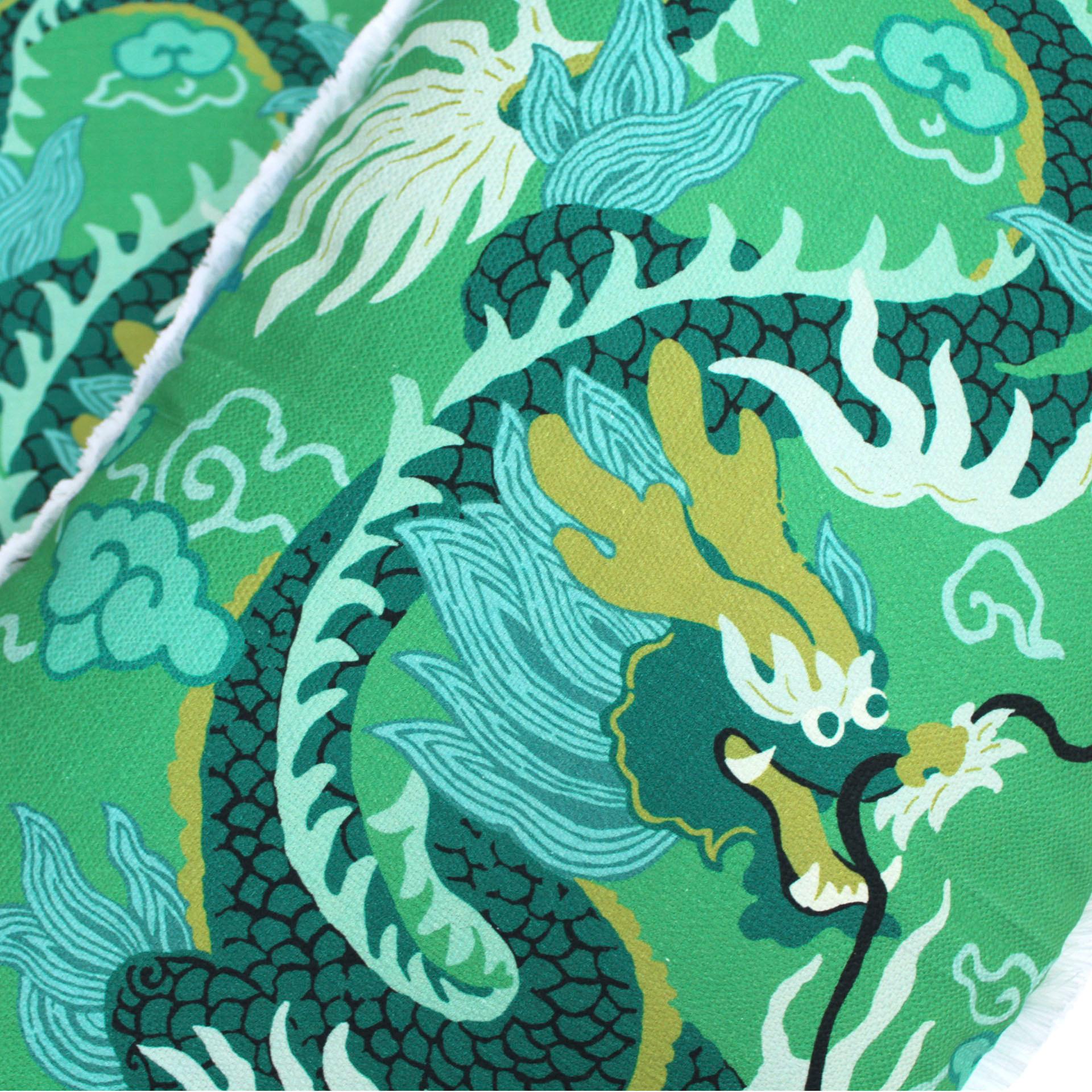 European Contemporary Pillow Pair in Cotton and Green Dragon Print For Sale