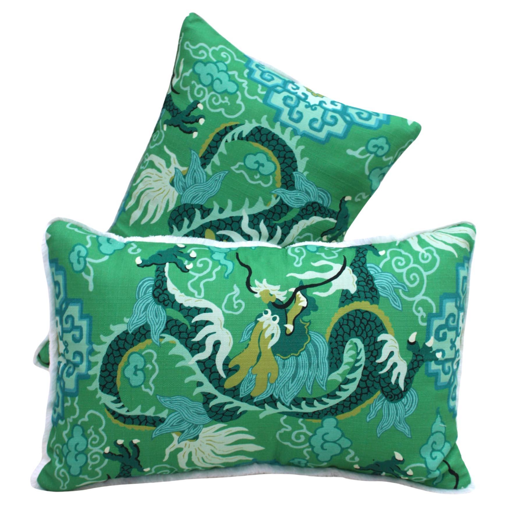 Contemporary Pillow Pair in Cotton and Green Dragon Print