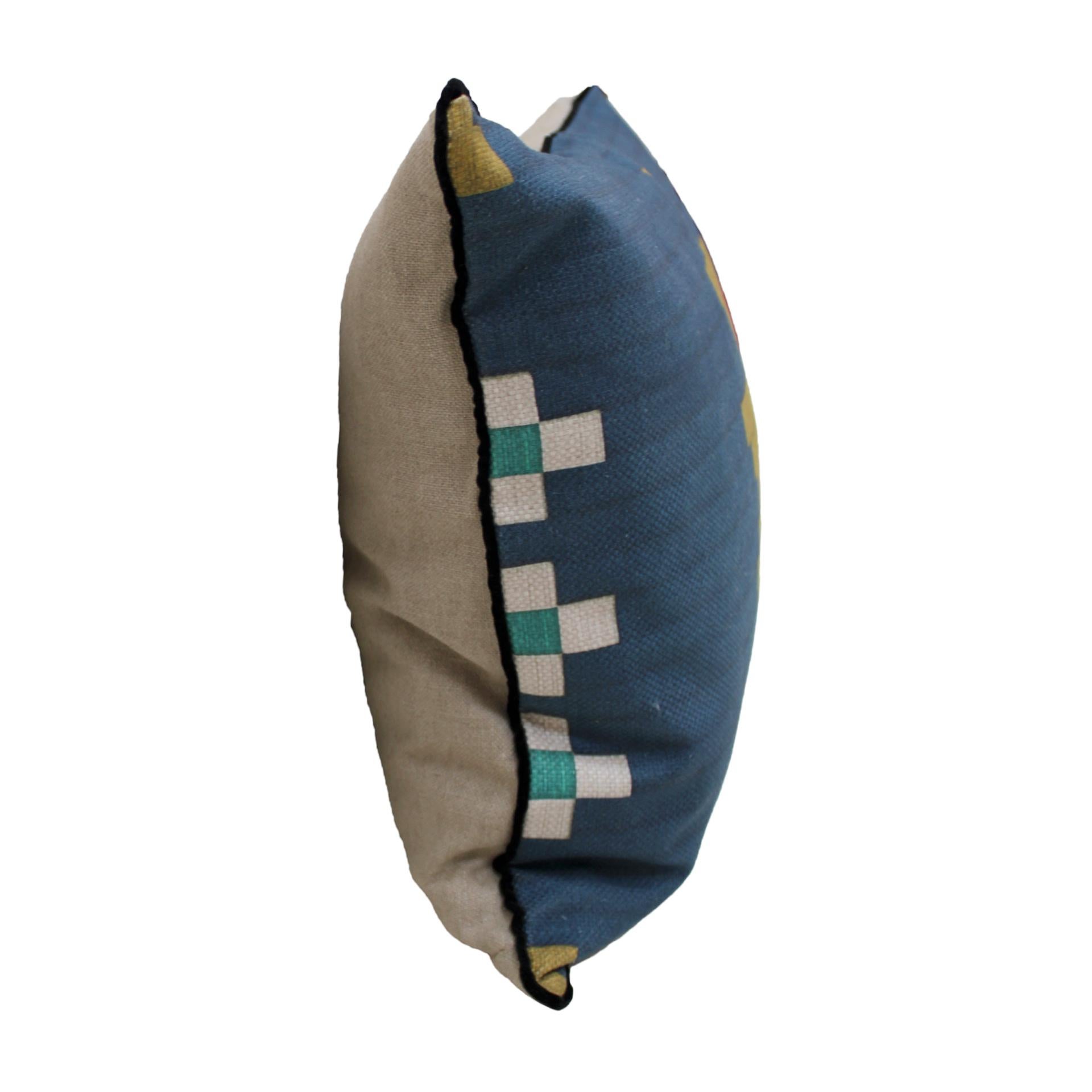 European Contemporary Pillow in Linen and Cotton with Abstract Print For Sale