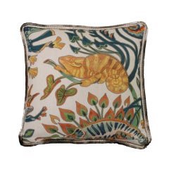 Contemporary Pillow of Linnen with Vegetation and Chameleon Motifs