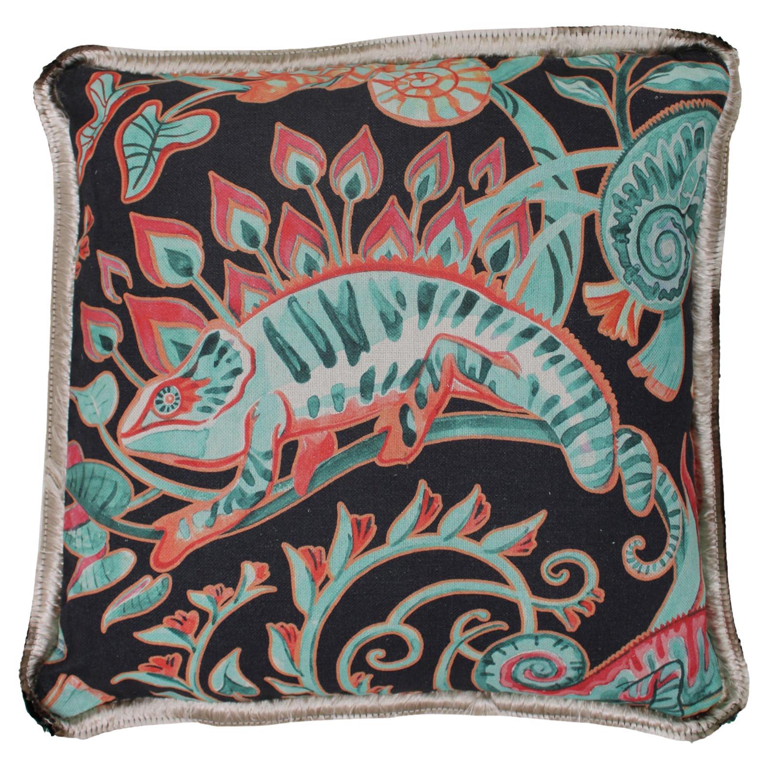Contemporary Pillow of Linnen with Vegetation and Chameleon Motifs For Sale