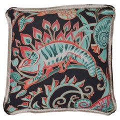 Used Contemporary Pillow of Linnen with Vegetation and Chameleon Motifs