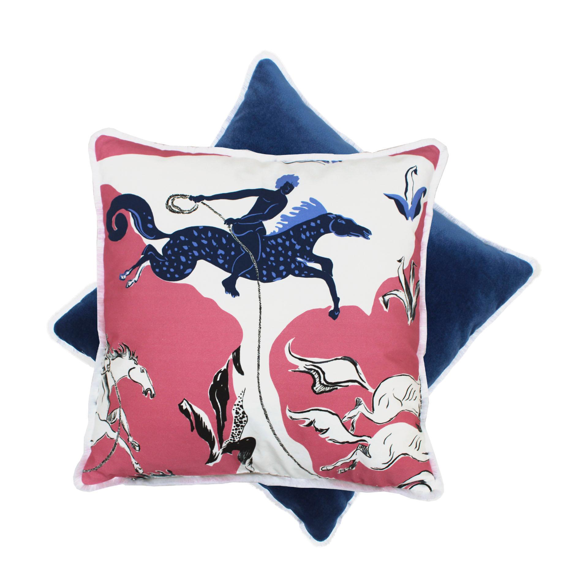 Pair of cushions made of velvet and cotton fabric. Upholstery in printed cotton mod ‘Lasso’ designed by Vincent Darré for Pierre Frey. Finished with fringes and zip at the back.

Every item LA Studio offers is checked by our team of 10 craftsmen in