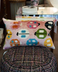 Contemporary Pink and Multicolour Silk Velvet Pillow with Ladybug Motif