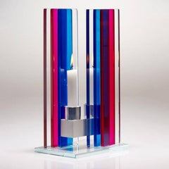Contemporary Pink & Blue Glass & Aluminum Candlestick