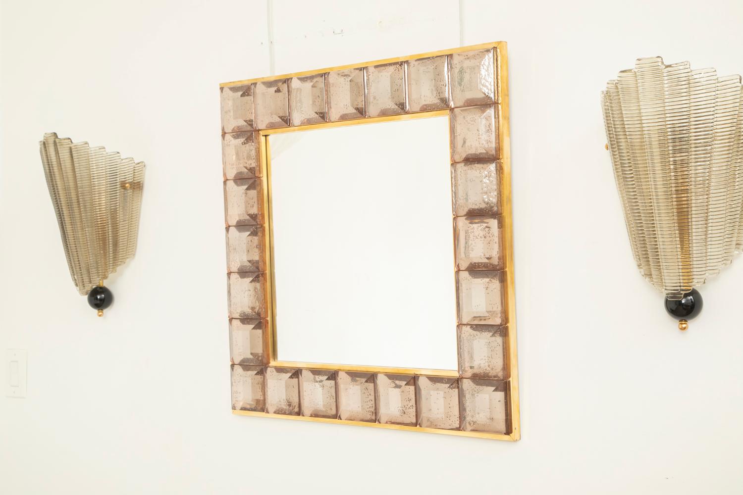 Mid-Century Modern Contemporary Pink Diamond Murano Glass Mirror,  available Now. For Sale