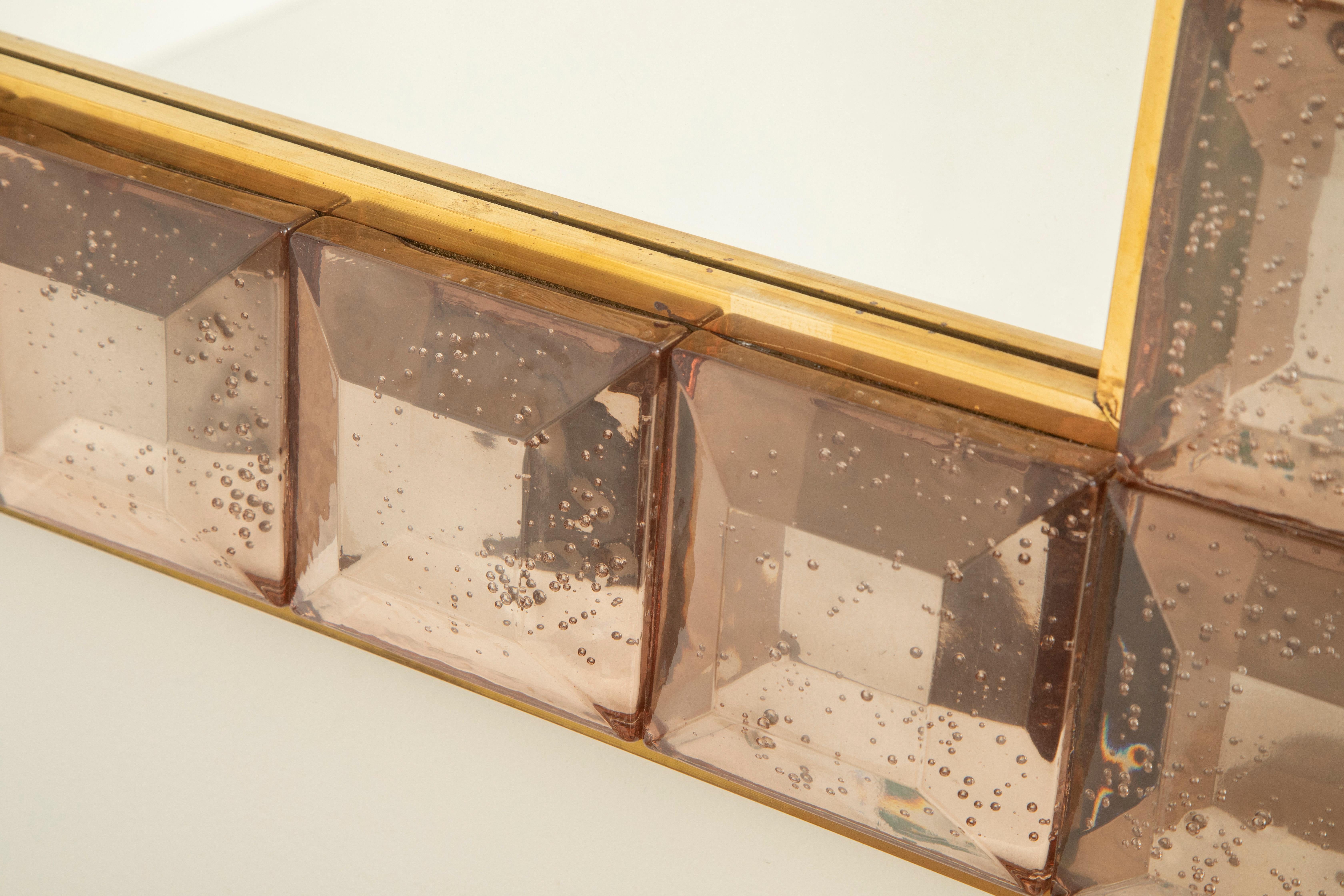 Brass Contemporary Pink Diamond Murano Glass Mirror,  available Now. For Sale