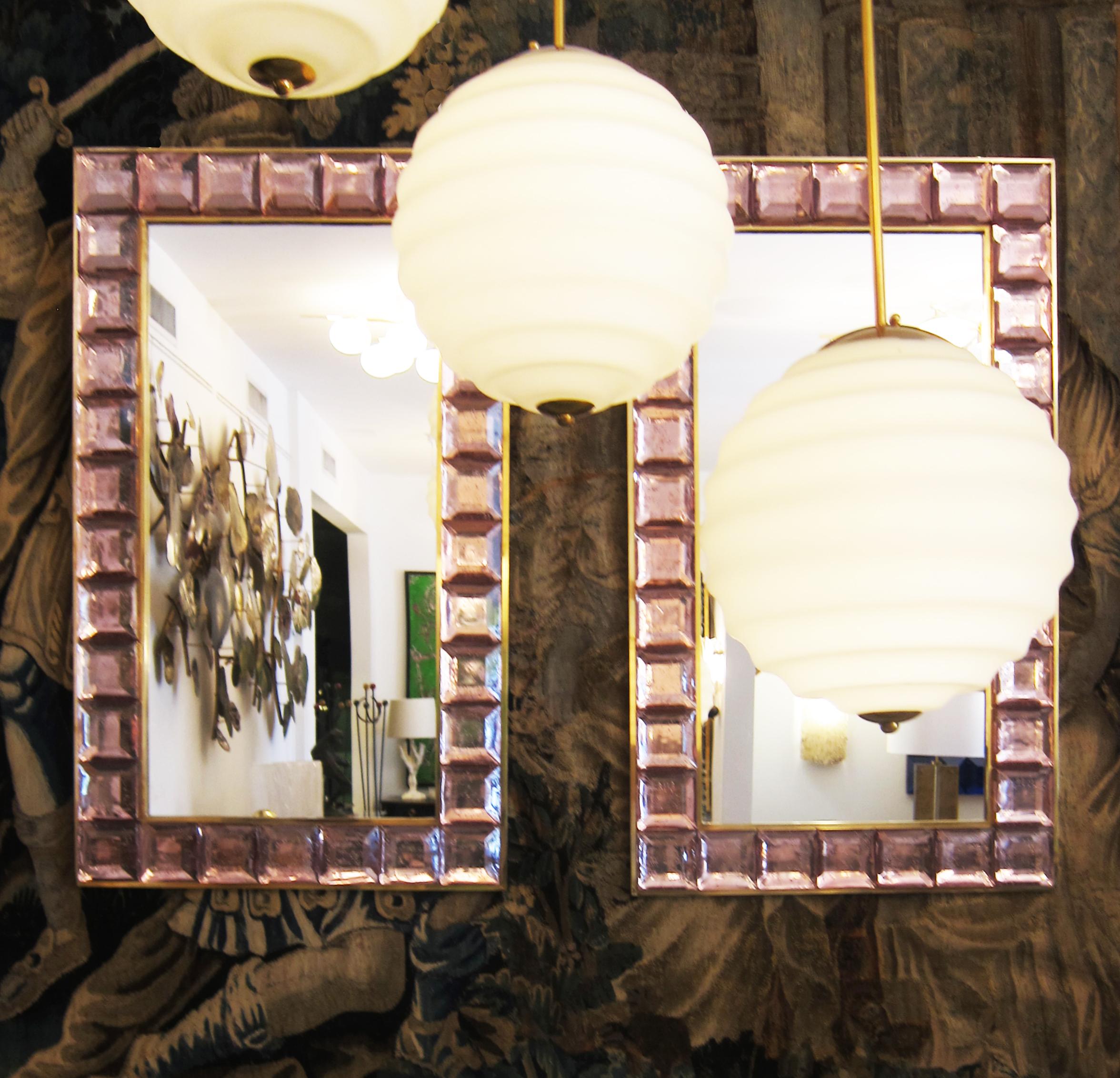 Brass Contemporary Pink Diamond Murano Glass Mirror, In Stock