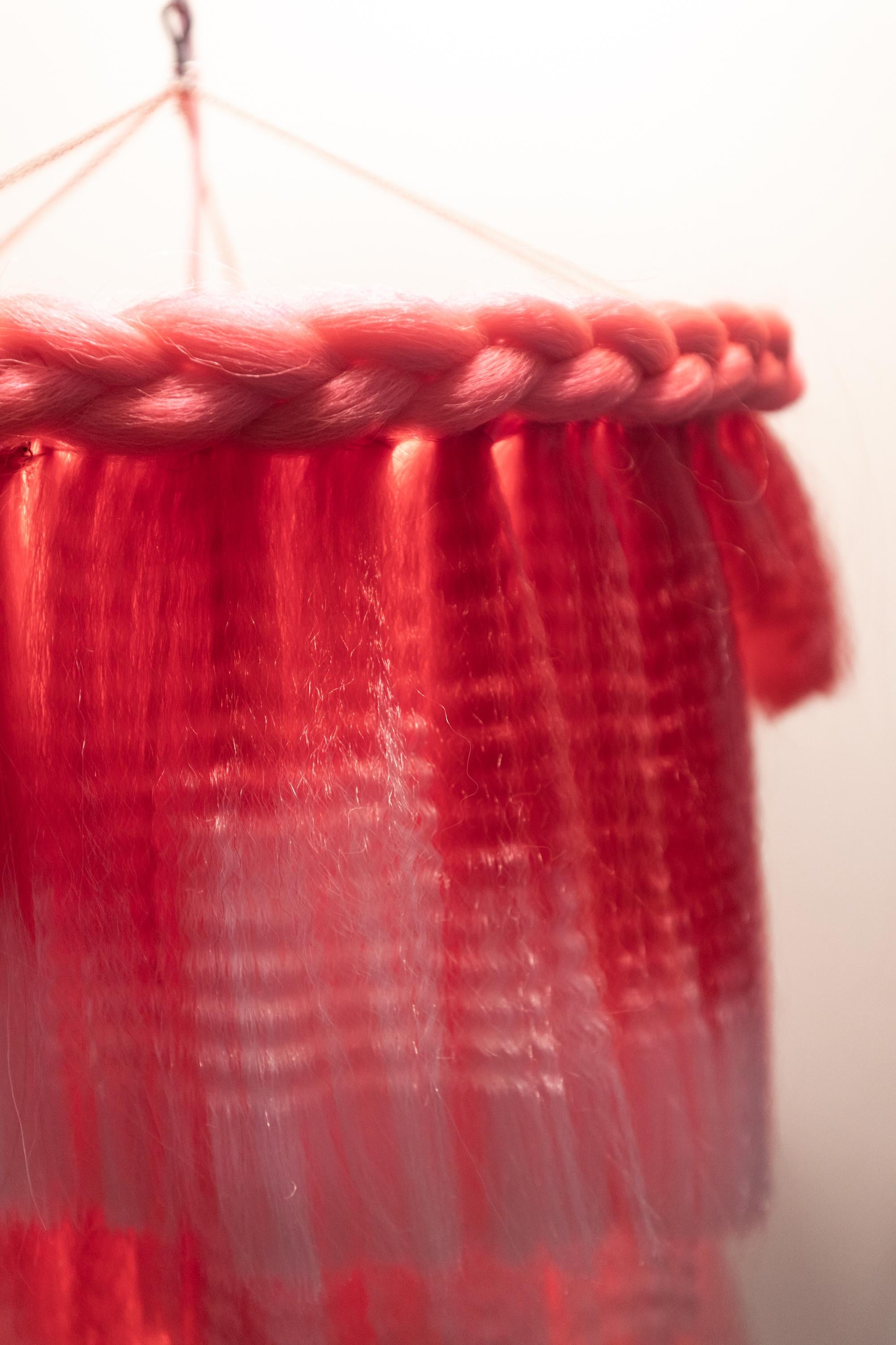 American Contemporary Pink Fringe Chandelier, Handcrafted by Artist For Sale