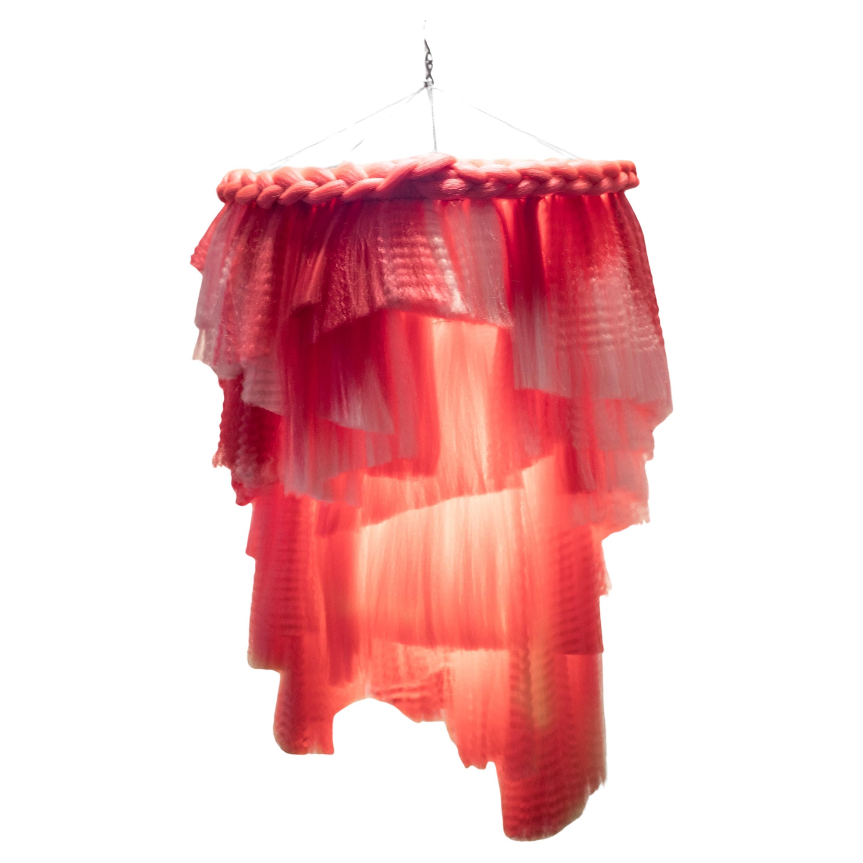 Contemporary Pink Fringe Chandelier, Handcrafted by Artist For Sale